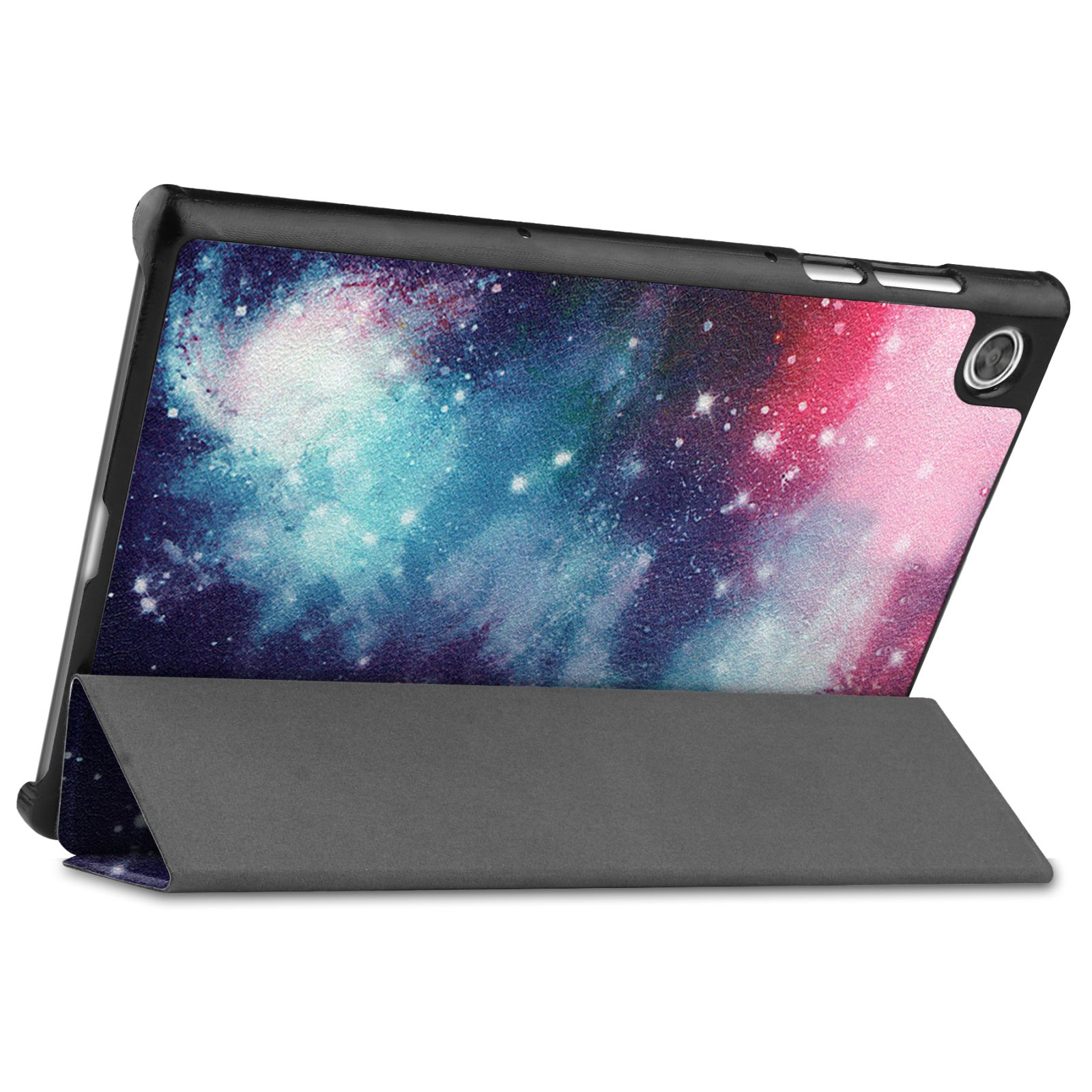 Eine Tablet-Hülle mit Galaxiedruck, geöffnet und hochgestellt, um den Bildschirm anzuzeigen.
