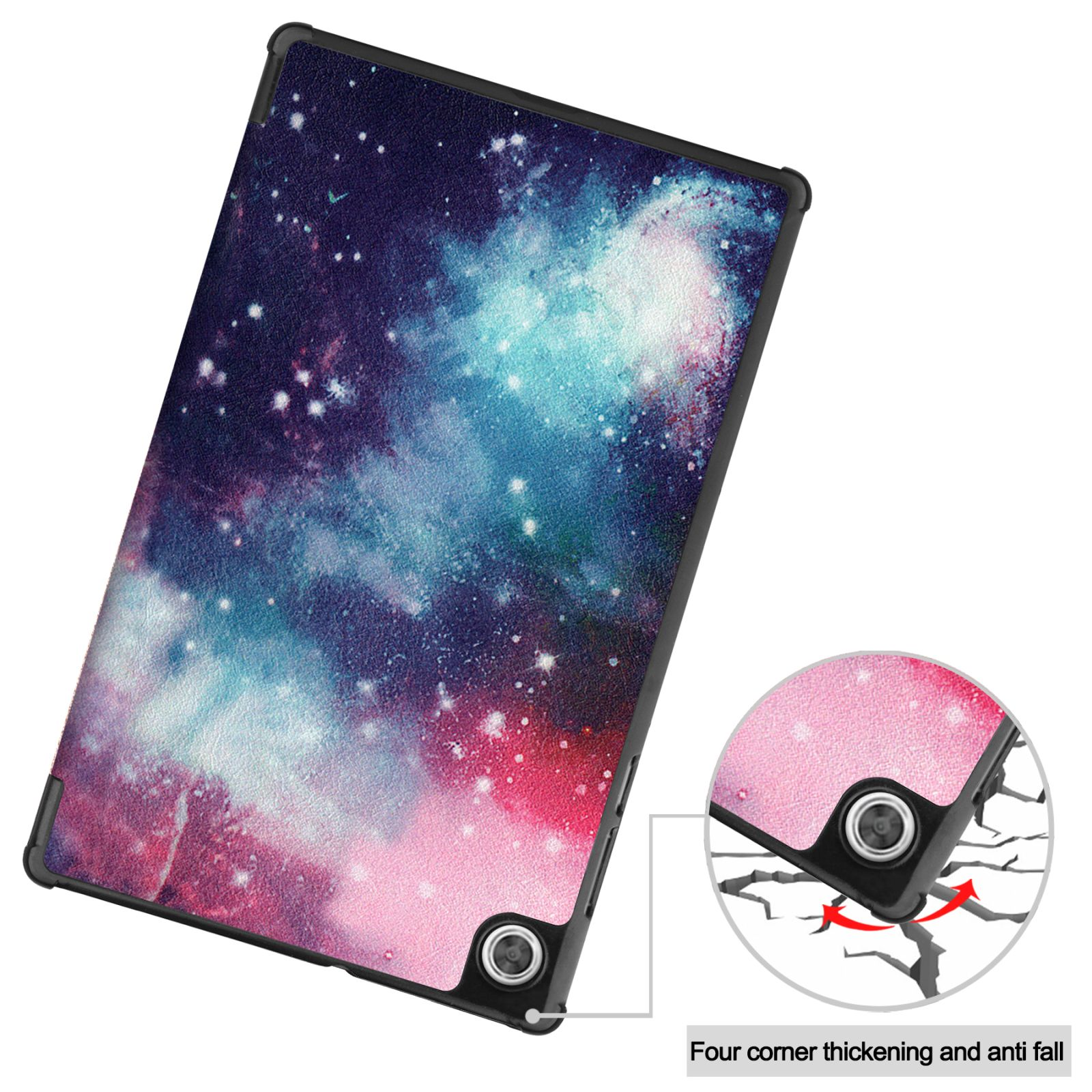 Tablethülle mit Galaxien-Design. Rosa und blaue Farben. Eckenschutz.