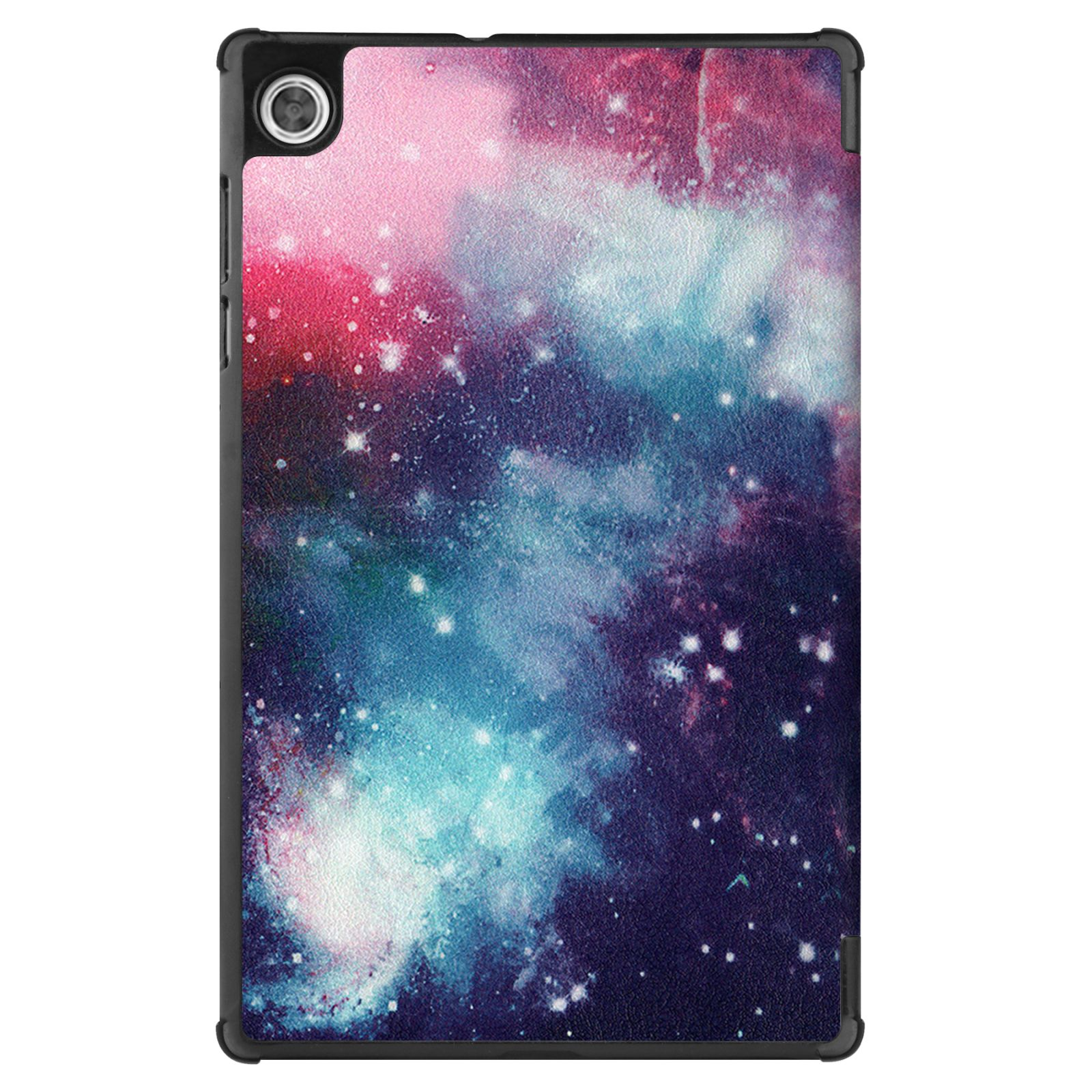 Tablethülle mit Galaxy-Design, zeigt rosa, blaue und weiße Sterne.