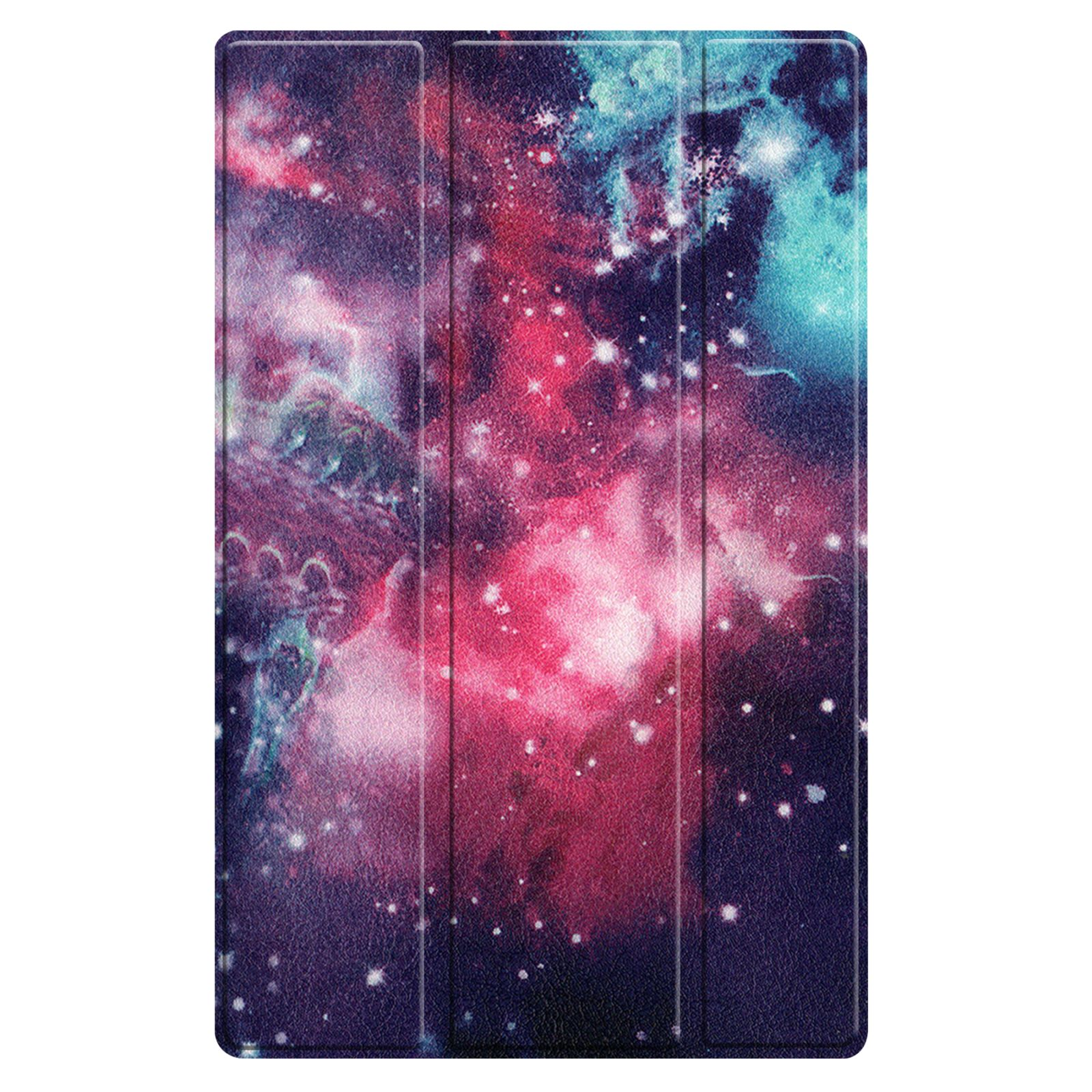 Tablethülle mit Galaxiedesign. Lila, rosa und blaue Farben verschmelzen in einem kosmischen Muster.