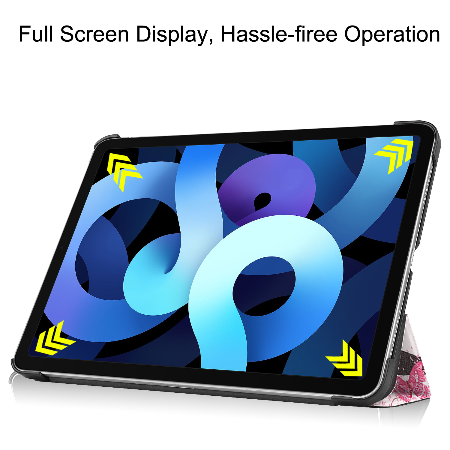 Tablettbildschirm mit einem Bild. Tablet ist in einem Gehäuse mit Pfeilen, die auf die Ecken zeigen.