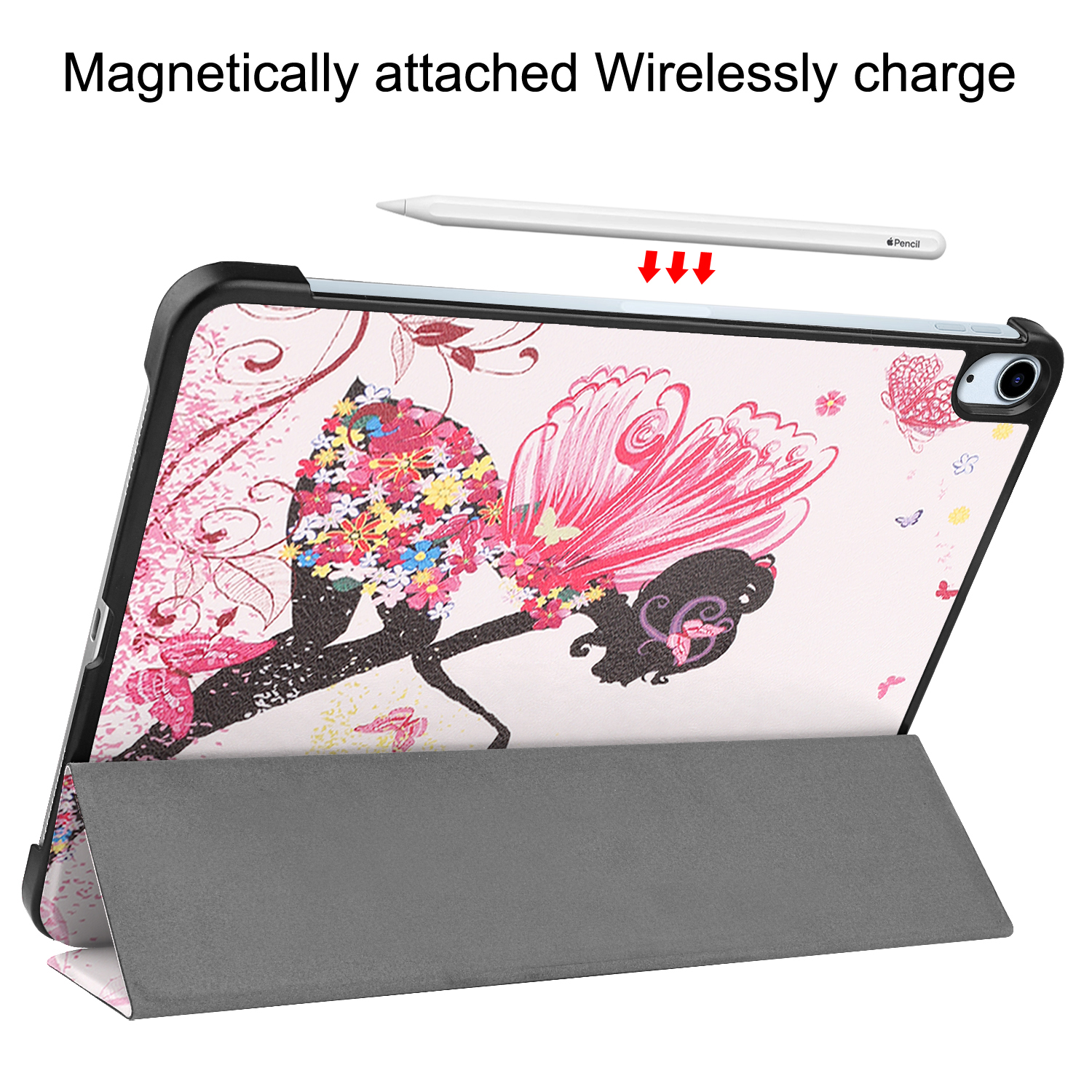 Tablet in einer Hülle mit Stift. Der Stift ist magnetisch befestigt.