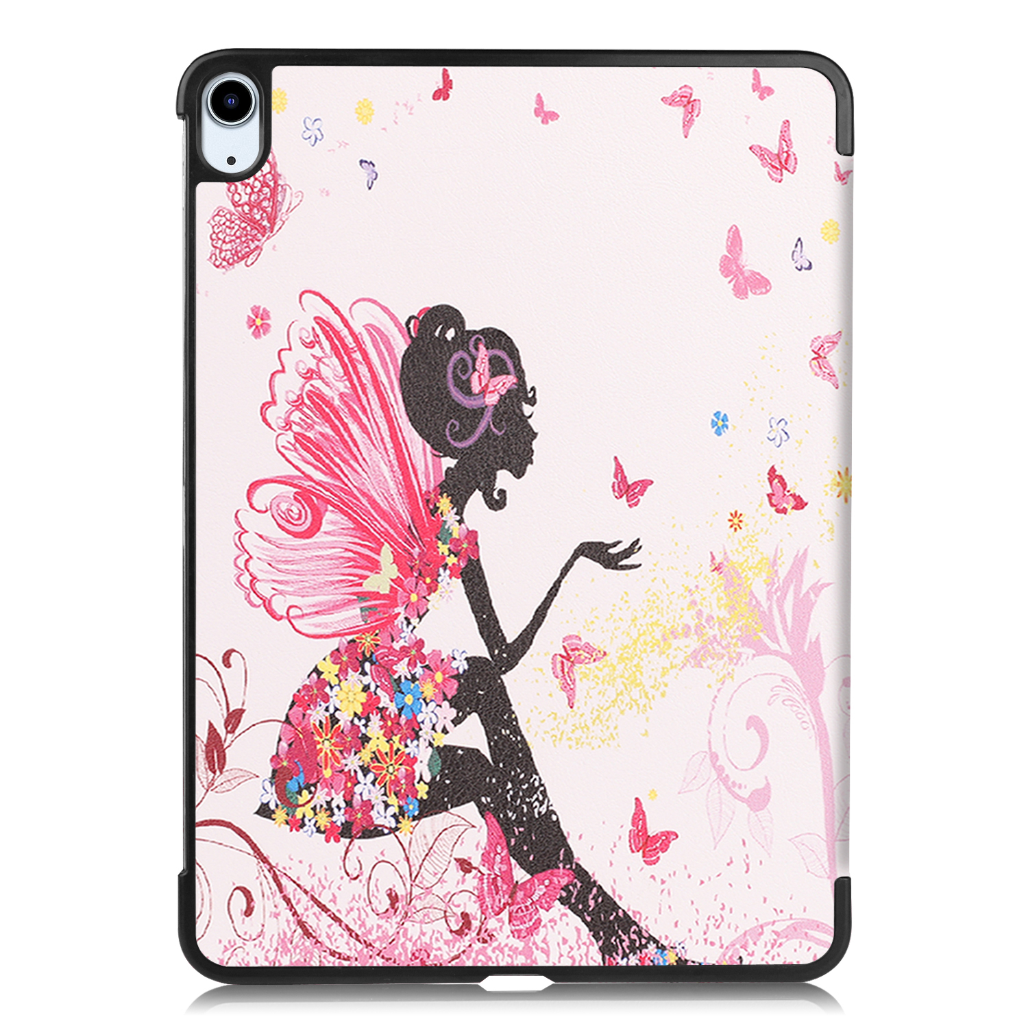 Eine Tablet-Hülle mit Feen-Design. Schmetterlinge und Blumen sind auf der Hülle vor hellrosa Hintergrund.
