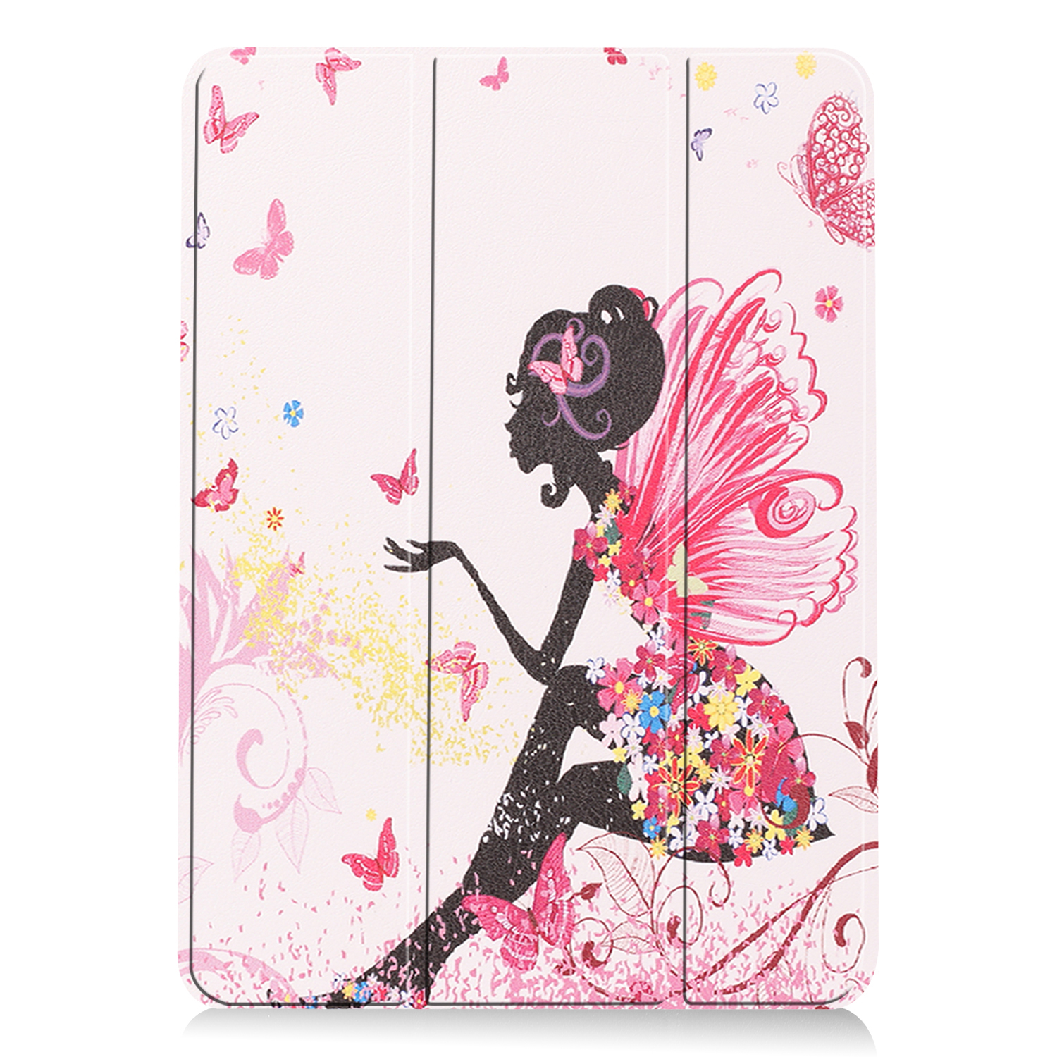 Tablet-Hülle mit Feen-Design, rosa, mit Schmetterlingen und Blumen.