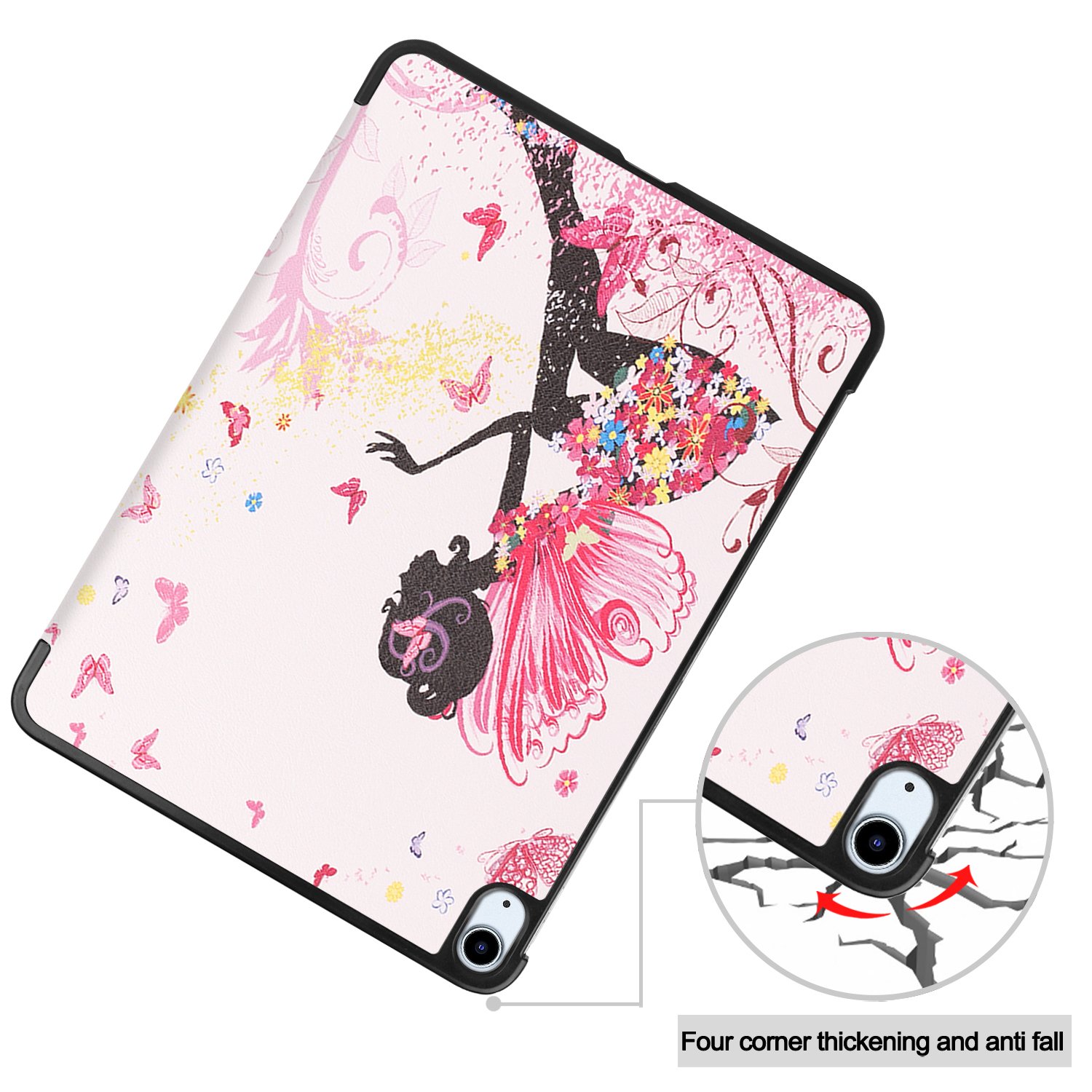 Tablet-Hülle mit rosa Design mit einer Silhouette eines Mädchens und Schmetterlingen. Schutzecken gezeigt.