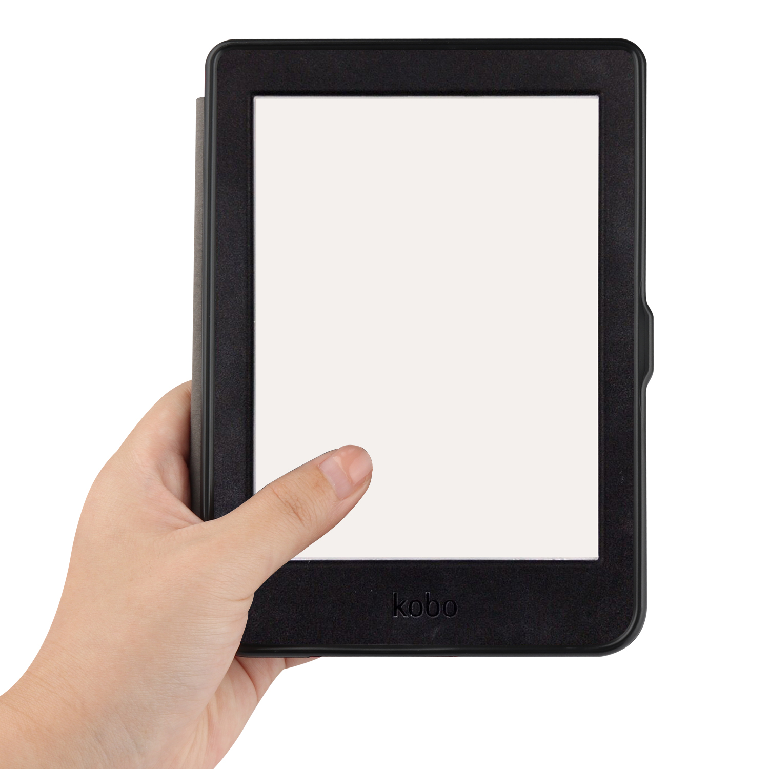 Hand hält schwarzen E-Reader mit weißem Bildschirm, das Gerät hat den Markennamen 'kobo' darauf.