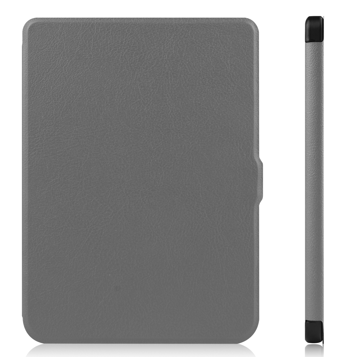 Graue Tablethülle. Zwei Ansichten: Vorder- und Seitenansicht. Weißer Hintergrund.