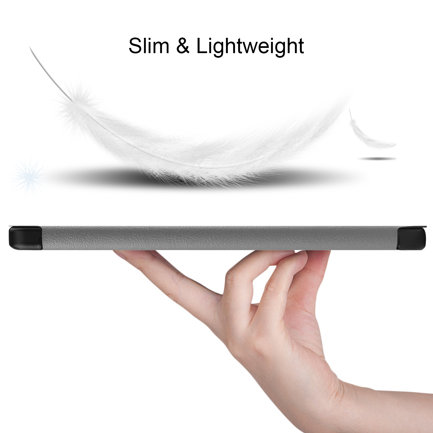 Eine Hand hält ein dünnes Tablet. Eine Feder schwebt darüber.