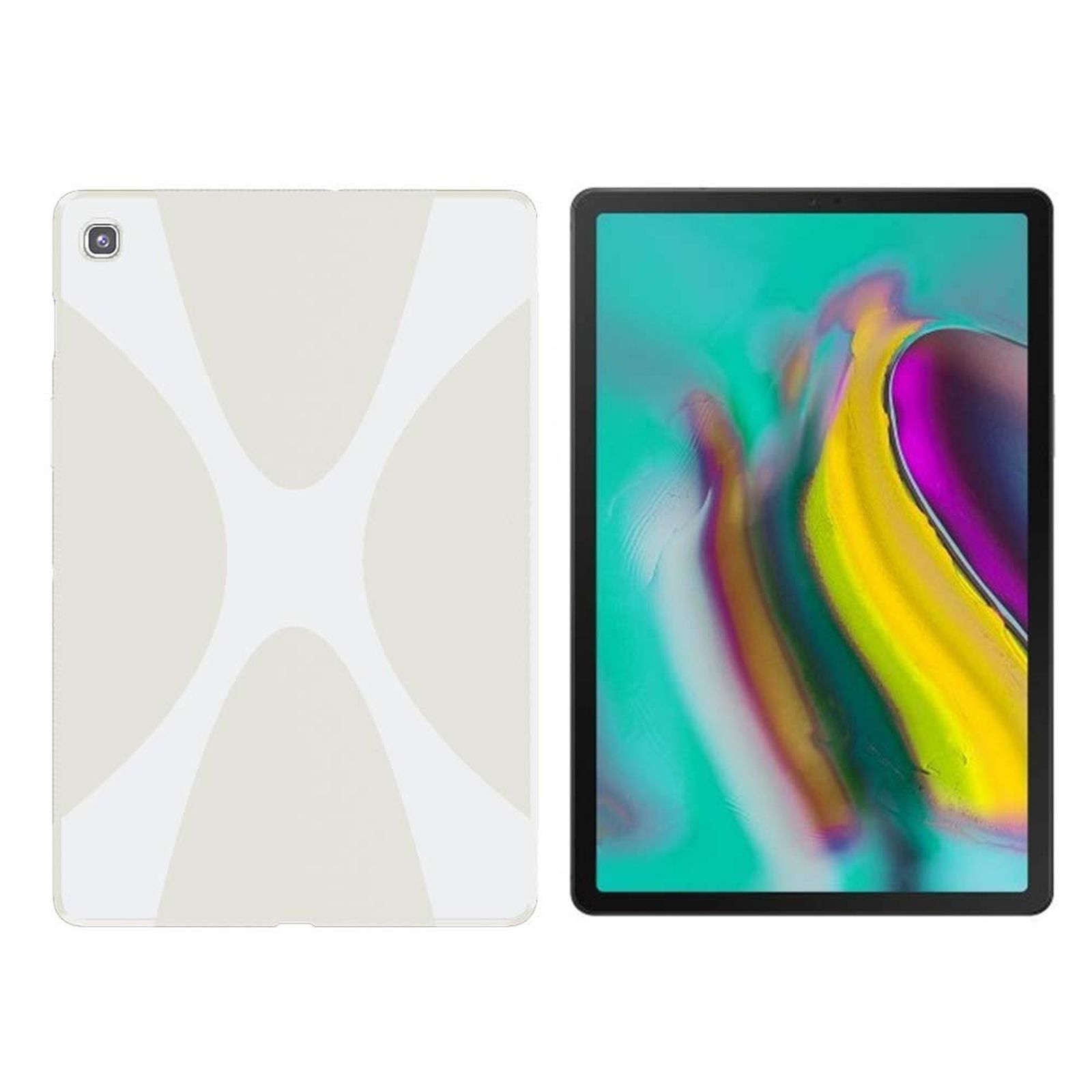 Tablet mit Hülle. Weißes Muster auf der Rückseite der Hülle und das Tablet davor.