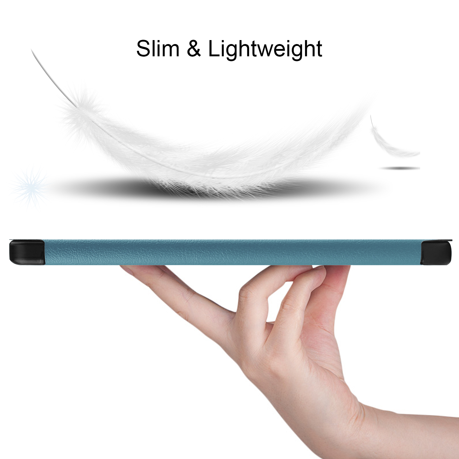 Eine teal Tablet-Hülle, gehalten von einer Hand. Eine Feder schwebt darüber.