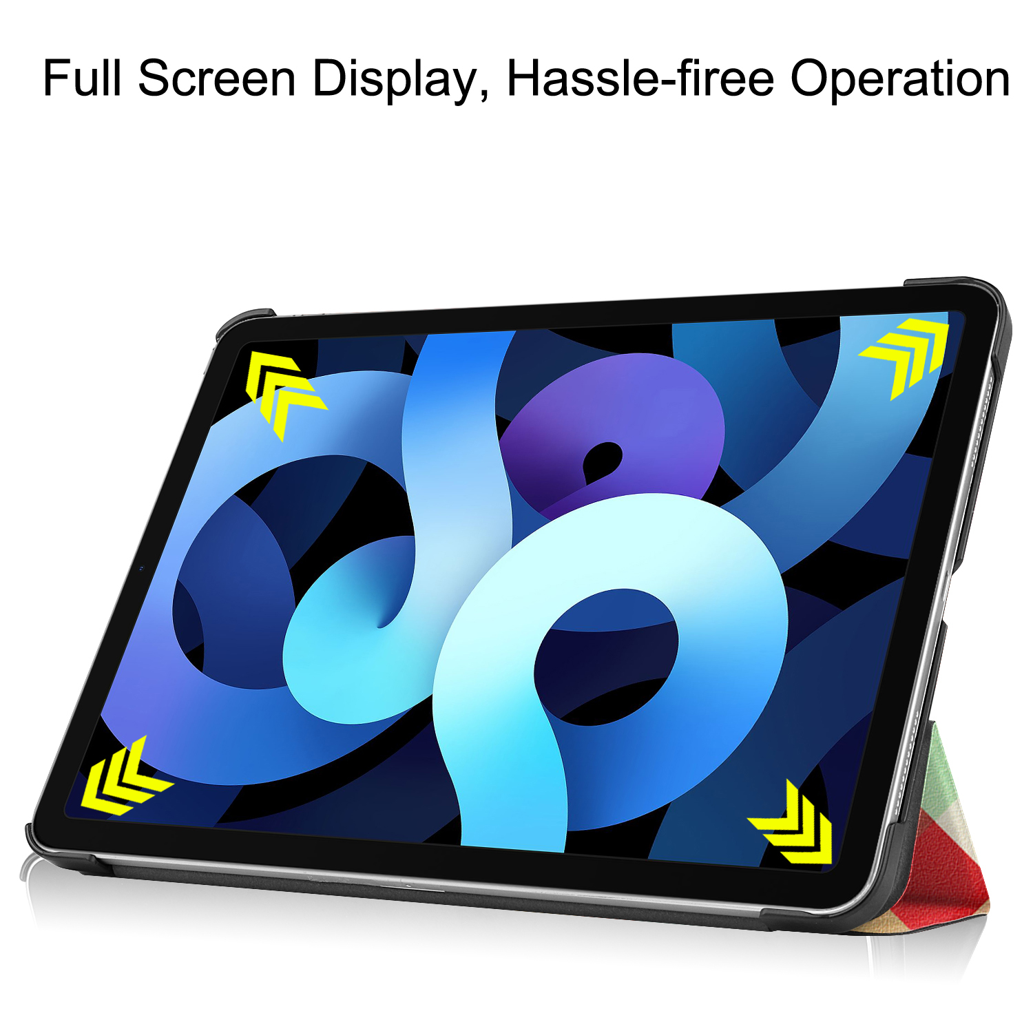 Tablet-Bildschirm mit blauem und weißem abstraktem Design, gelbe Pfeile.