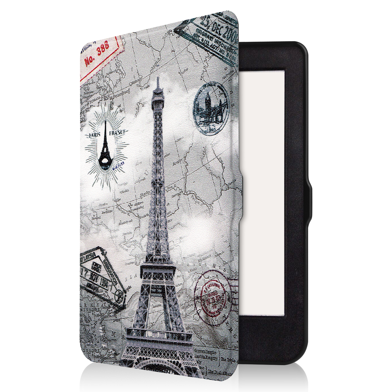 E-Reader-Hülle mit Kartendesign und Eiffelturm. Text erwähnt Paris und Frankreich.