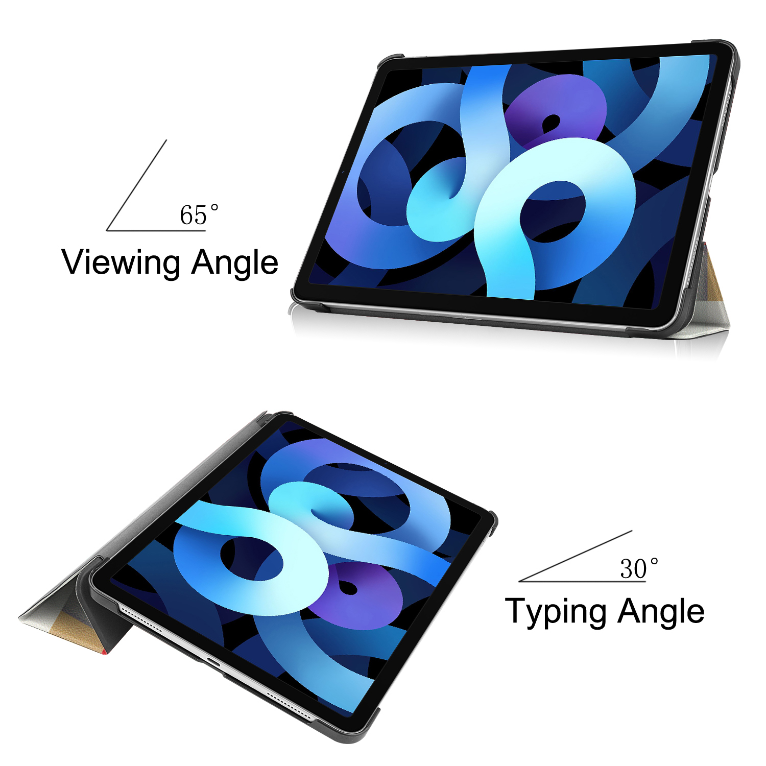 Tablet in einem Gehäuse, zeigt Betrachtungs- und Tippwinkel. 65° Betrachtungswinkel, 30° Tippwinkel.