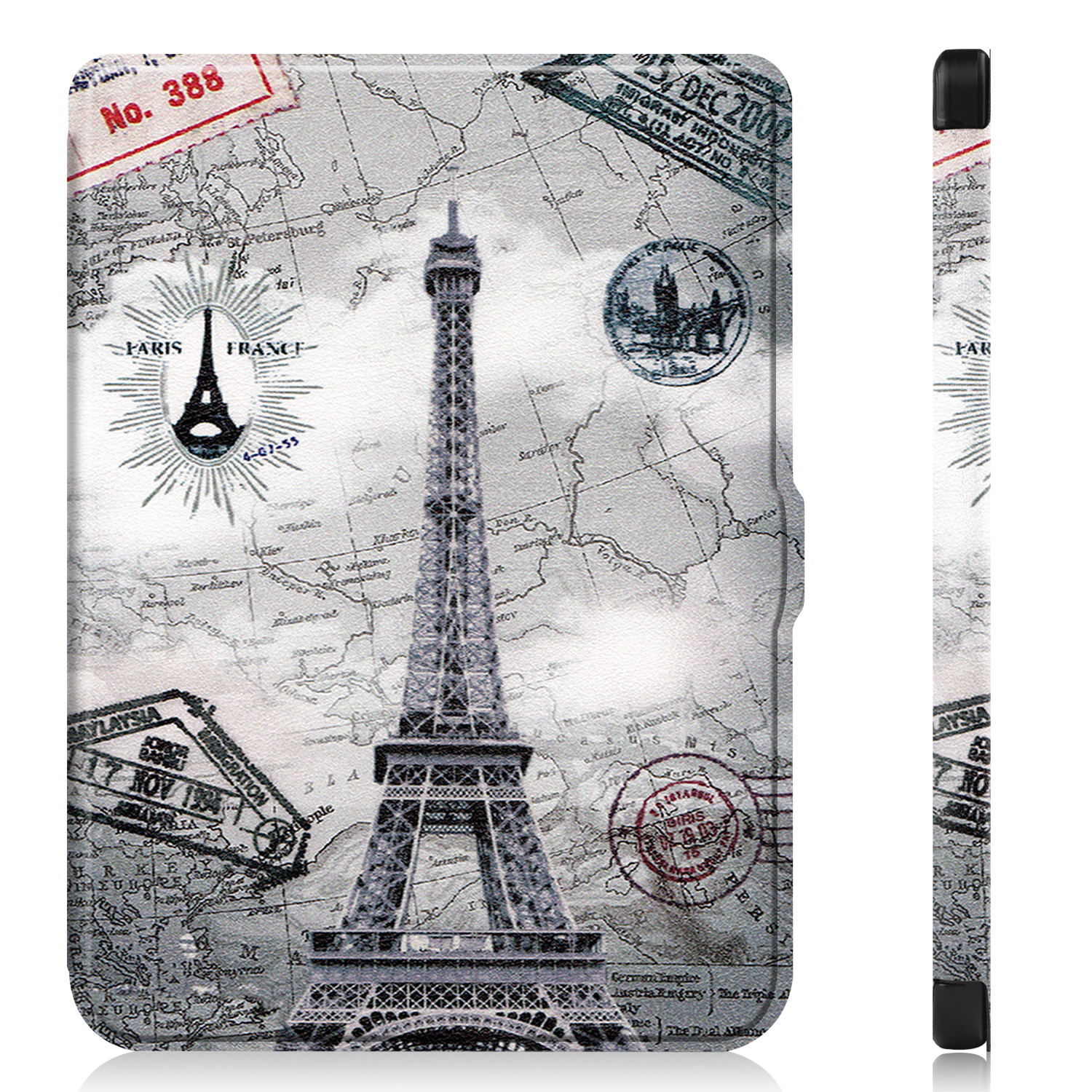 Tablethülle mit Eiffelturm und Kartendesign. Briefmarken und Text sind ebenfalls sichtbar.