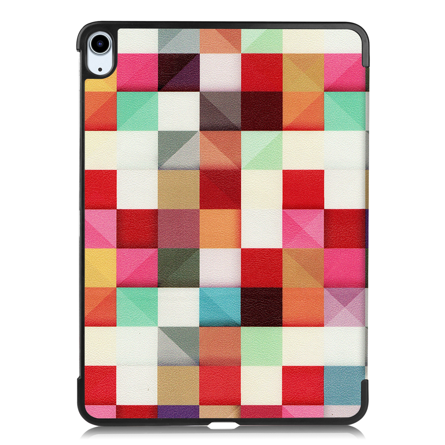 Tablet-Hülle mit farbenfrohem geometrischem Muster. Schwarzer Rahmen. Weißer Hintergrund.