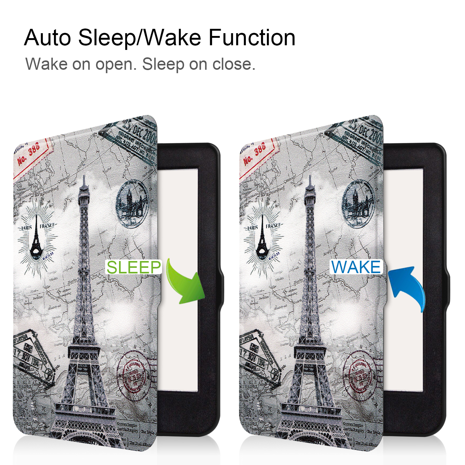 Tablethülle mit Eiffelturm-Illustration auf dem Cover. Zeigt 'SLEEP' und 'WAKE'. Pfeile zeigen offen/zu.