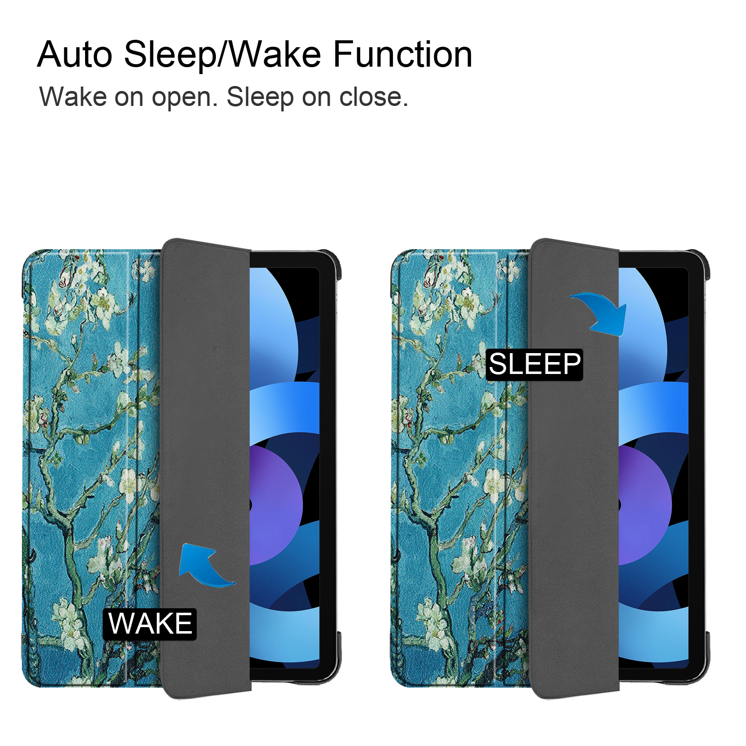 Tablet-Hülle mit floraler Kunst, öffnet sich, um den Wake- und Sleep-Modus zu zeigen.