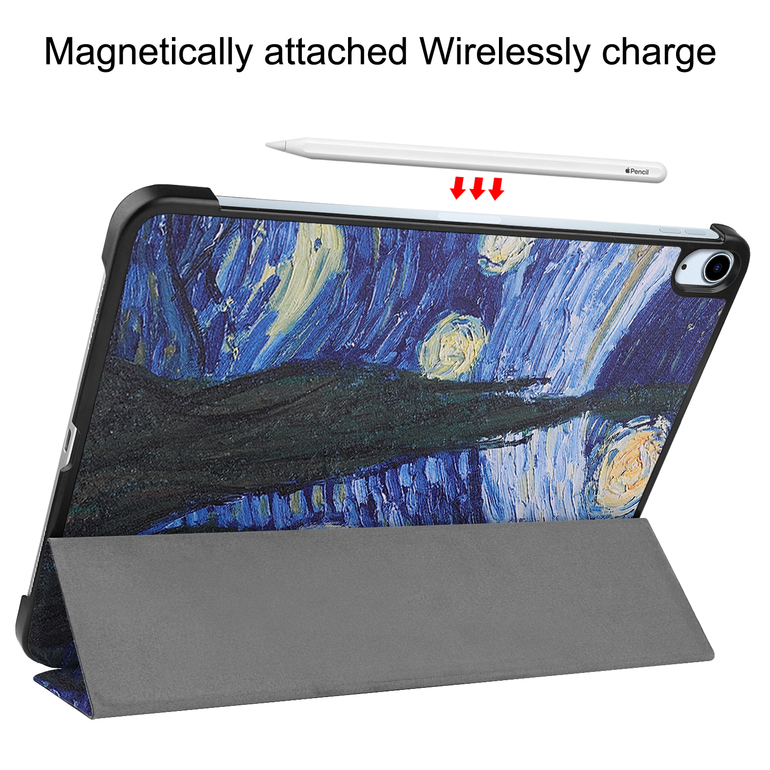 Tablet-Hülle mit Van Goghs Sternennacht-Design, ein Stift über der Hülle und ein gefalteter grauer Ständer.