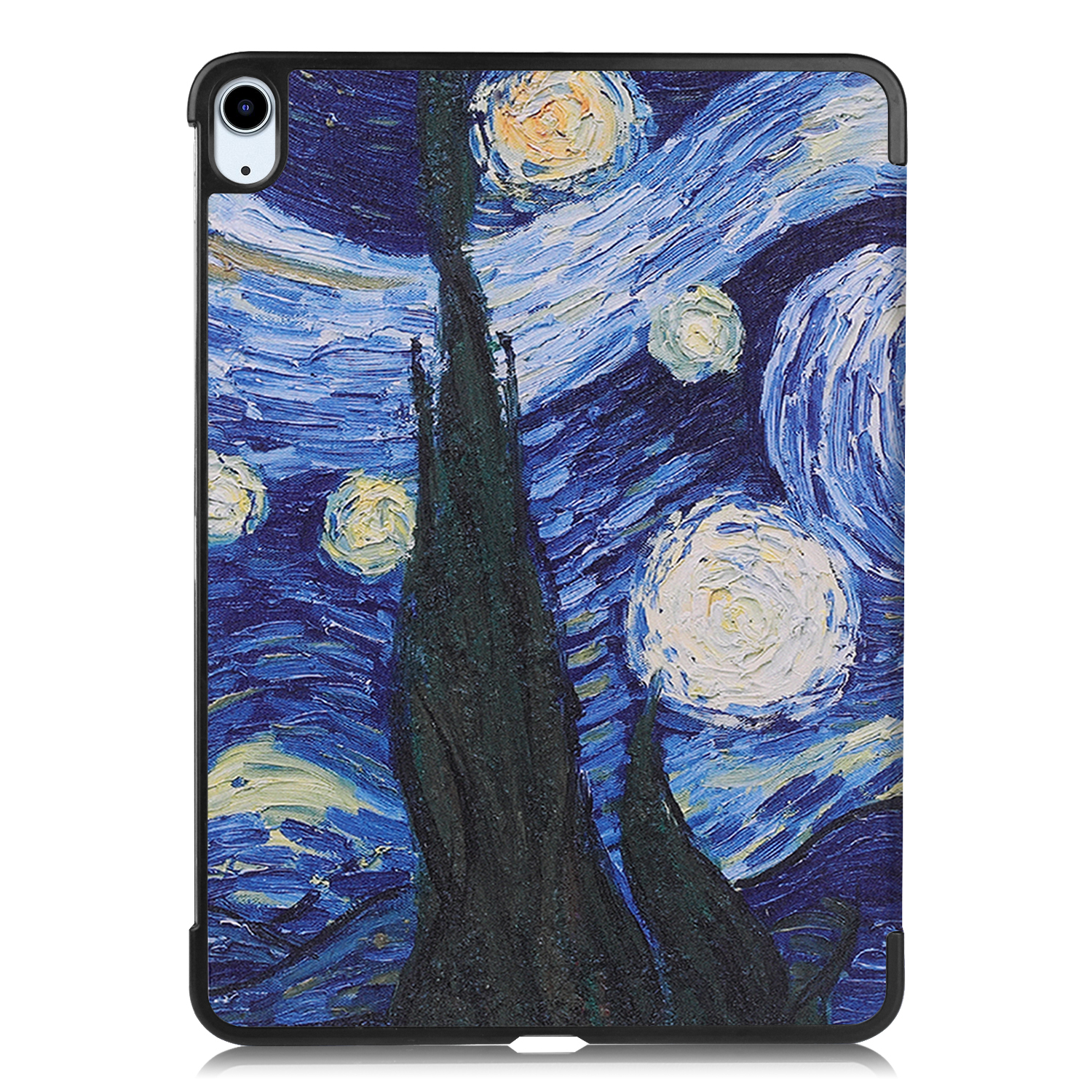 Tablethülle mit Van Goghs Sternennacht. Dunkelblauer Himmel mit Sternen und Baum.