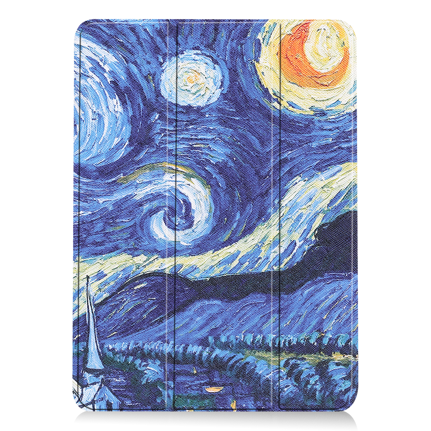 Tablet-Hülle mit Van Goghs Sternennacht. Zeigt Himmel, Dorf und wirbelnde Sterne.