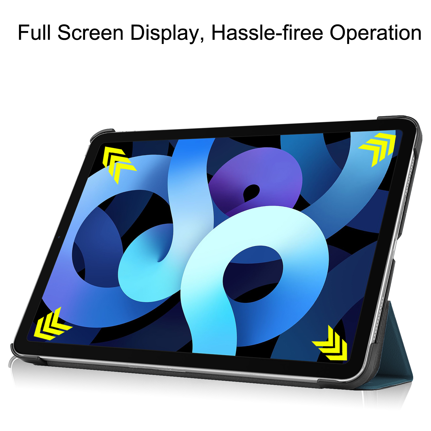 Tablet mit Bildschirm, der abstrakte Kunst zeigt. Es befindet sich in einer Hülle und ist auf einem Ständer abgestützt.