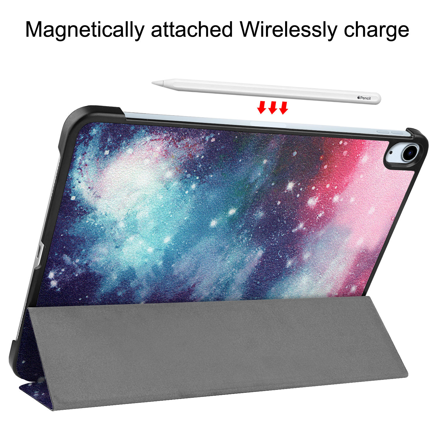 Tablet mit Galaxy-Design-Hülle, mit Stift und Pfeilen. Text: Magnetisch angebrachtes kabelloses Laden.