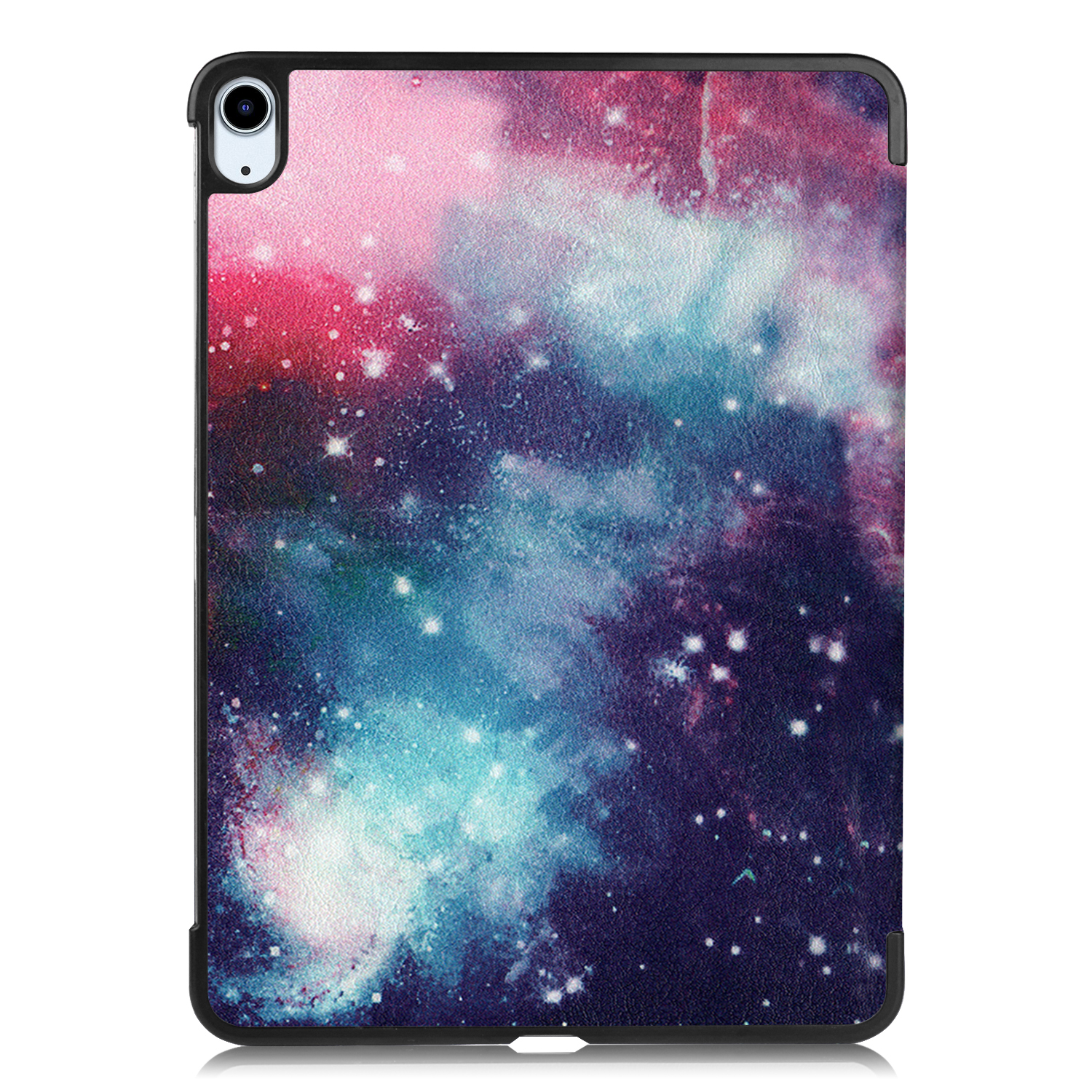 Eine Tablet-Hülle mit buntem Galaxie-Design und schwarzem Rahmen, die ein offenes Tablet zeigt.