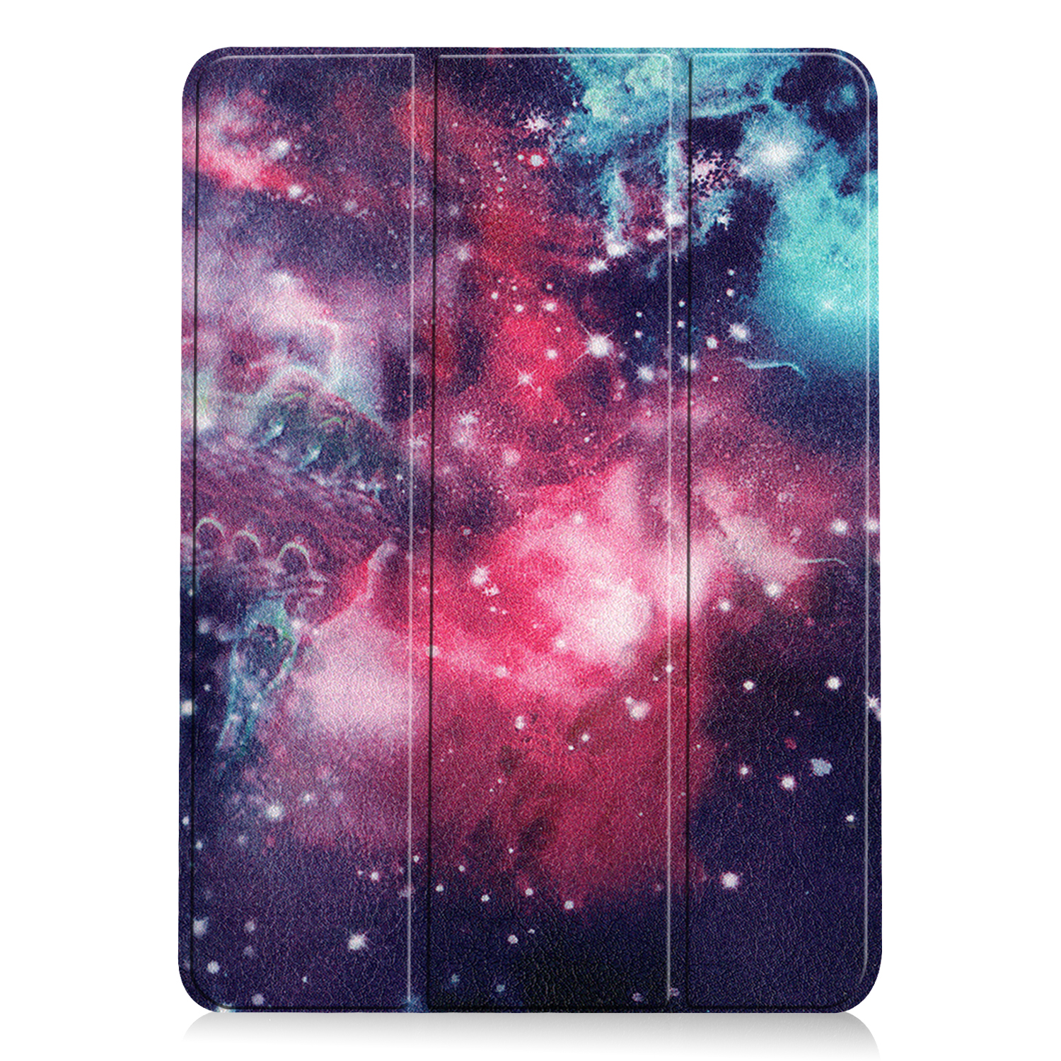 Tablethülle mit Galaxiemuster. Es hat ein lila, rotes und blaues Farbschema.