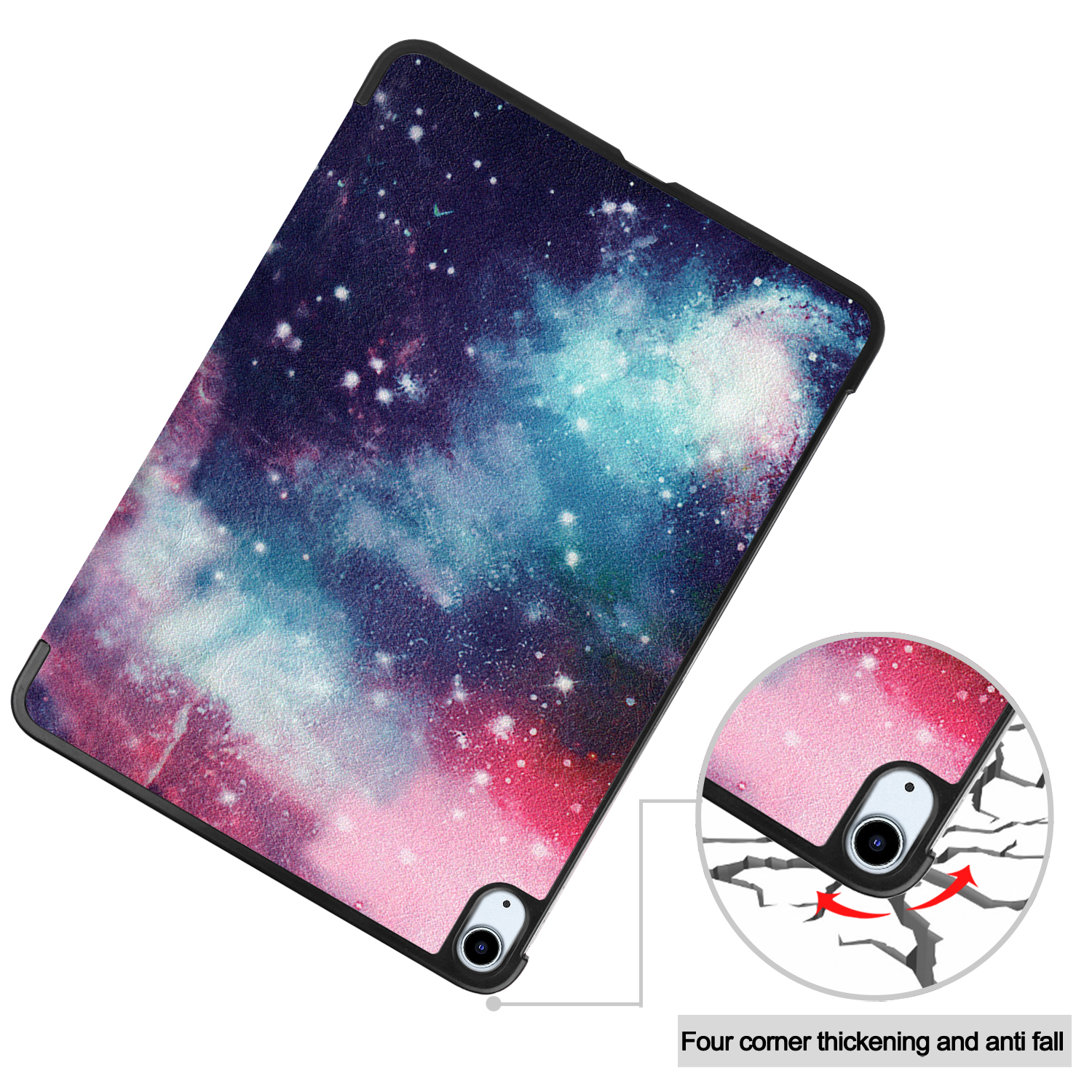 Tablet-Hülle mit Galaxie-Design. Text: Vier Ecken verdicken und Sturzsicherung.