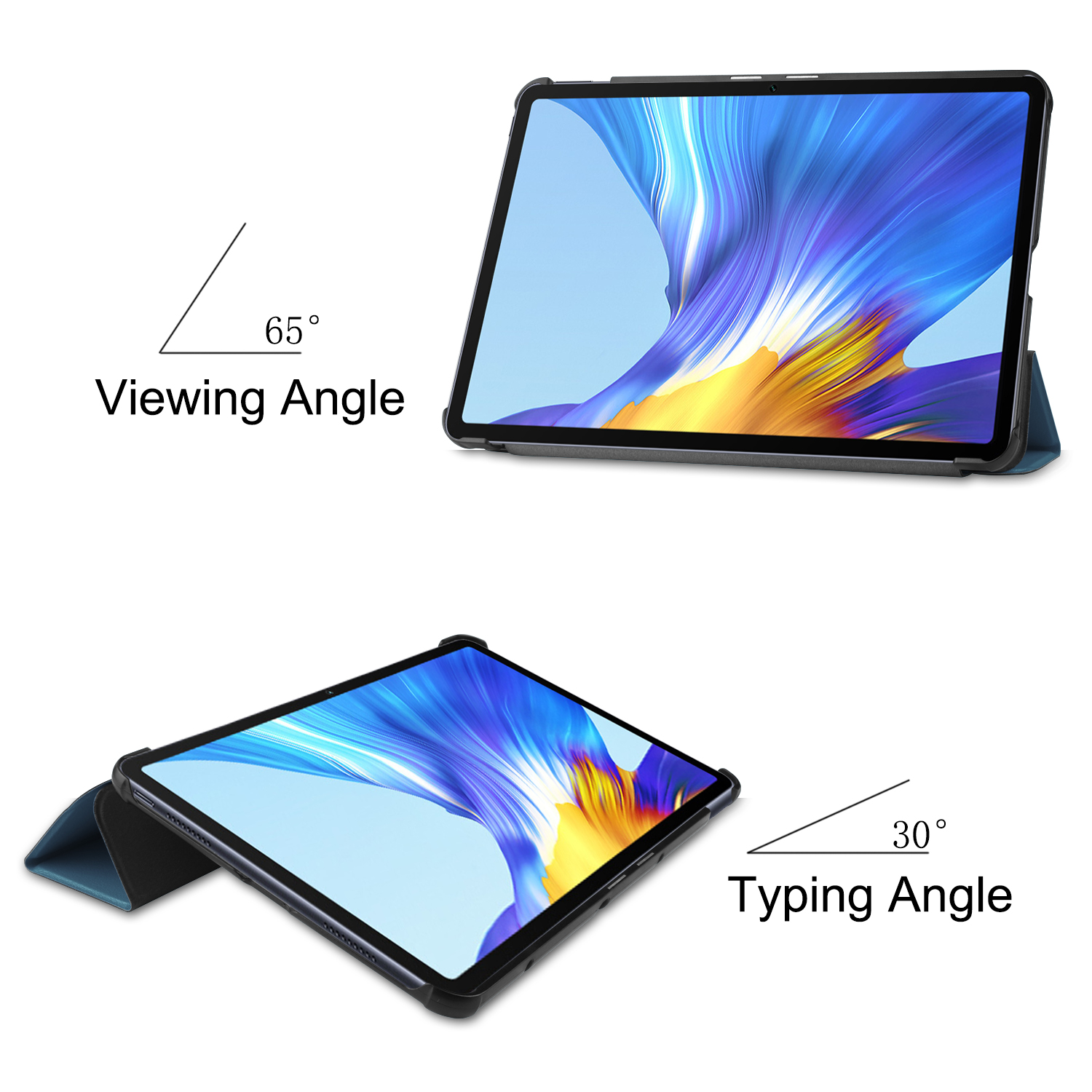 Tablet in schwarzem Gehäuse, bei einem Betrachtungswinkel von 65 Grad und einem Tippwinkel von 30 Grad.