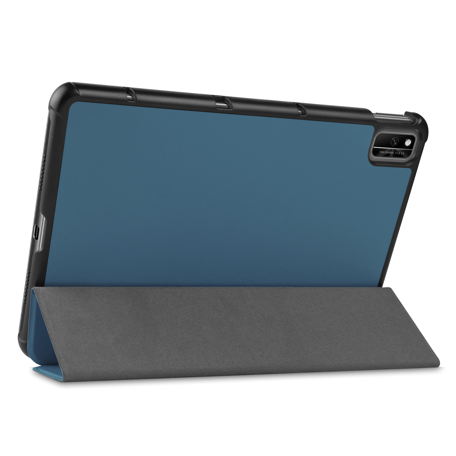 Tablet mit blauem Rücken und einem grauen Ständer. Die Hülle ist schwarz. Die Kamera ist sichtbar.