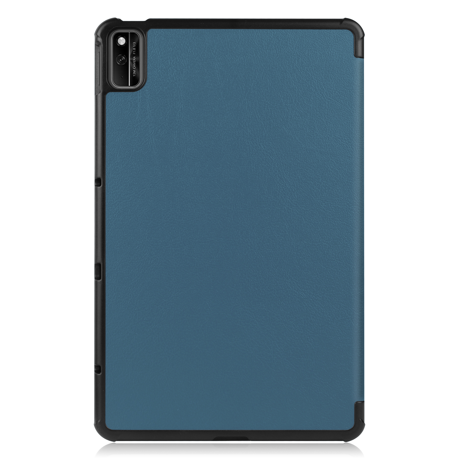 Eine blaue Tablethülle mit schwarzem Rahmen. Die Rückseite hat eine Kamera.