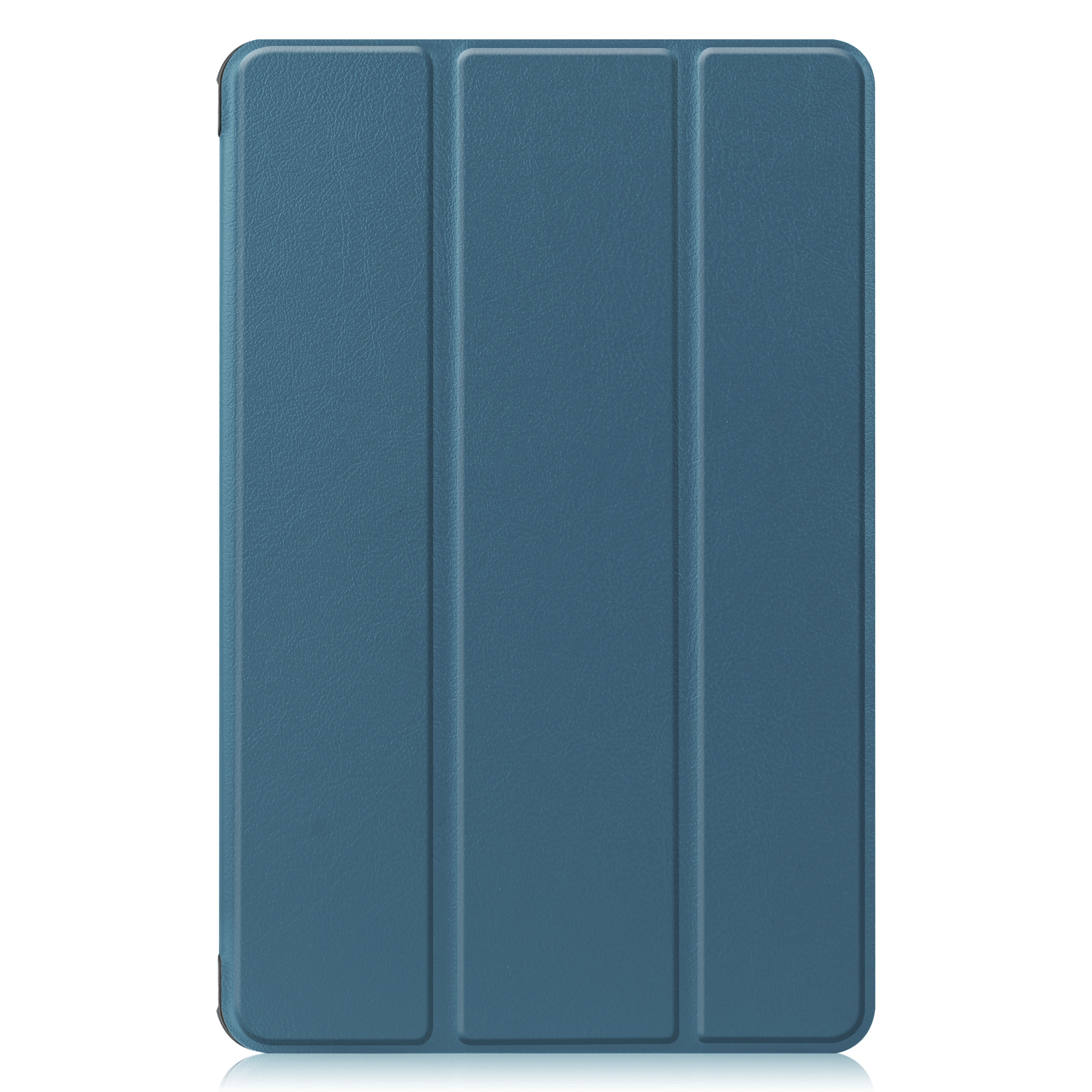 Blaues Tablet-Etui, geschlossen und aufgestellt. Das Etui hat eine glatte, lederartige Textur.