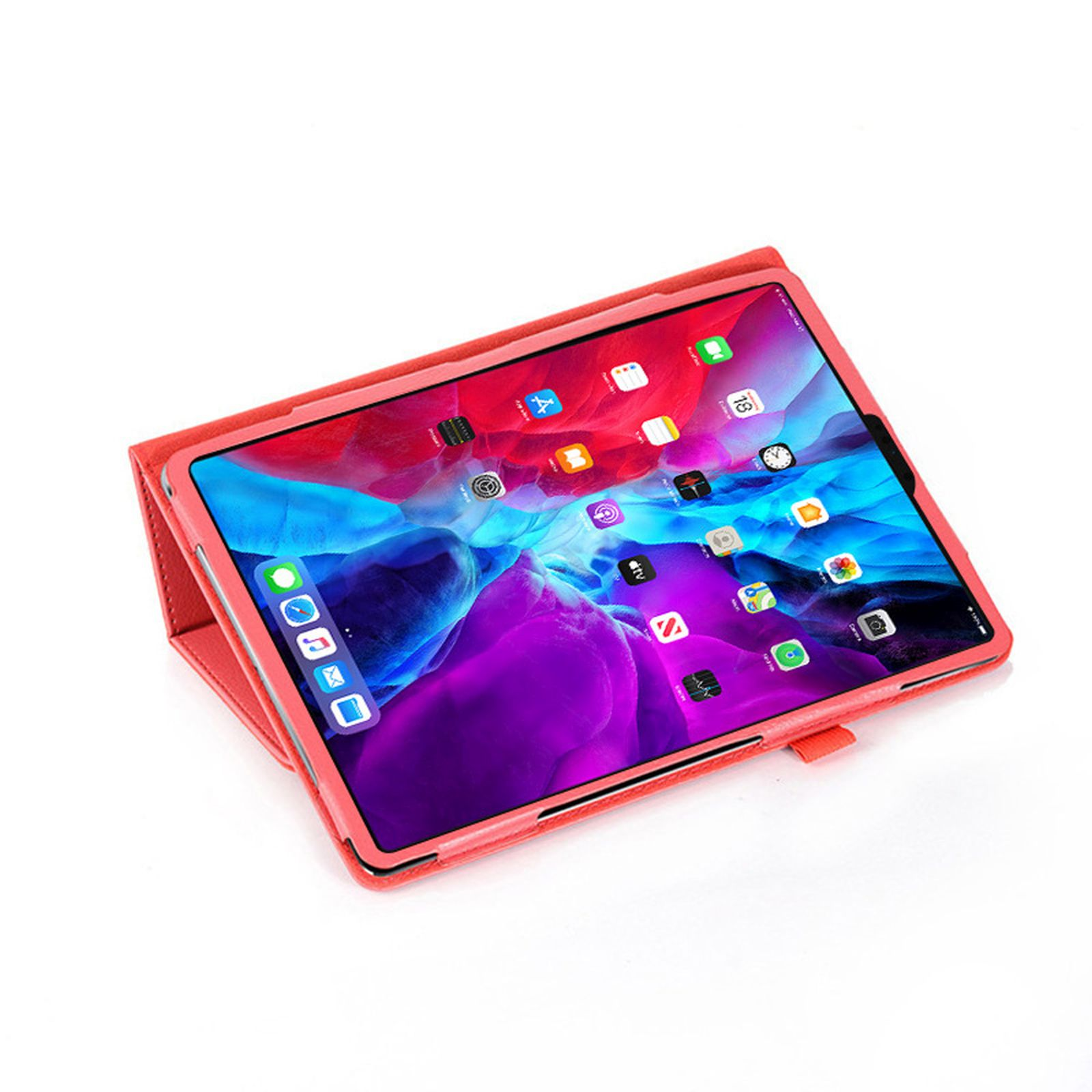 Tablet in rosa Hülle, angewinkelt geöffnet. Anzeige zeigt Apps. Weißer Hintergrund.