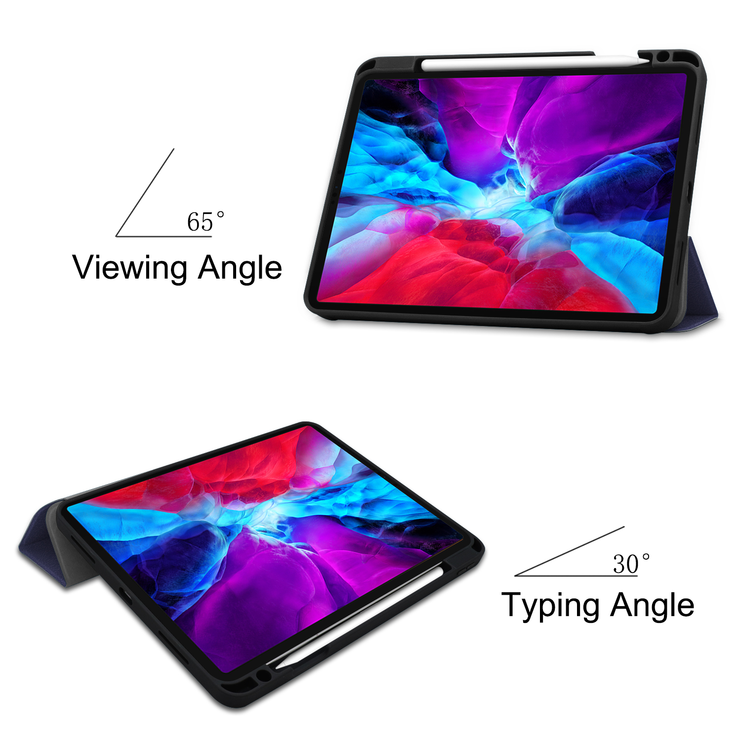 Tablet in Betrachtungs- und Schreibwinkeln. Text zeigt 65° Betrachtungs- und 30° Schreibwinkel an.