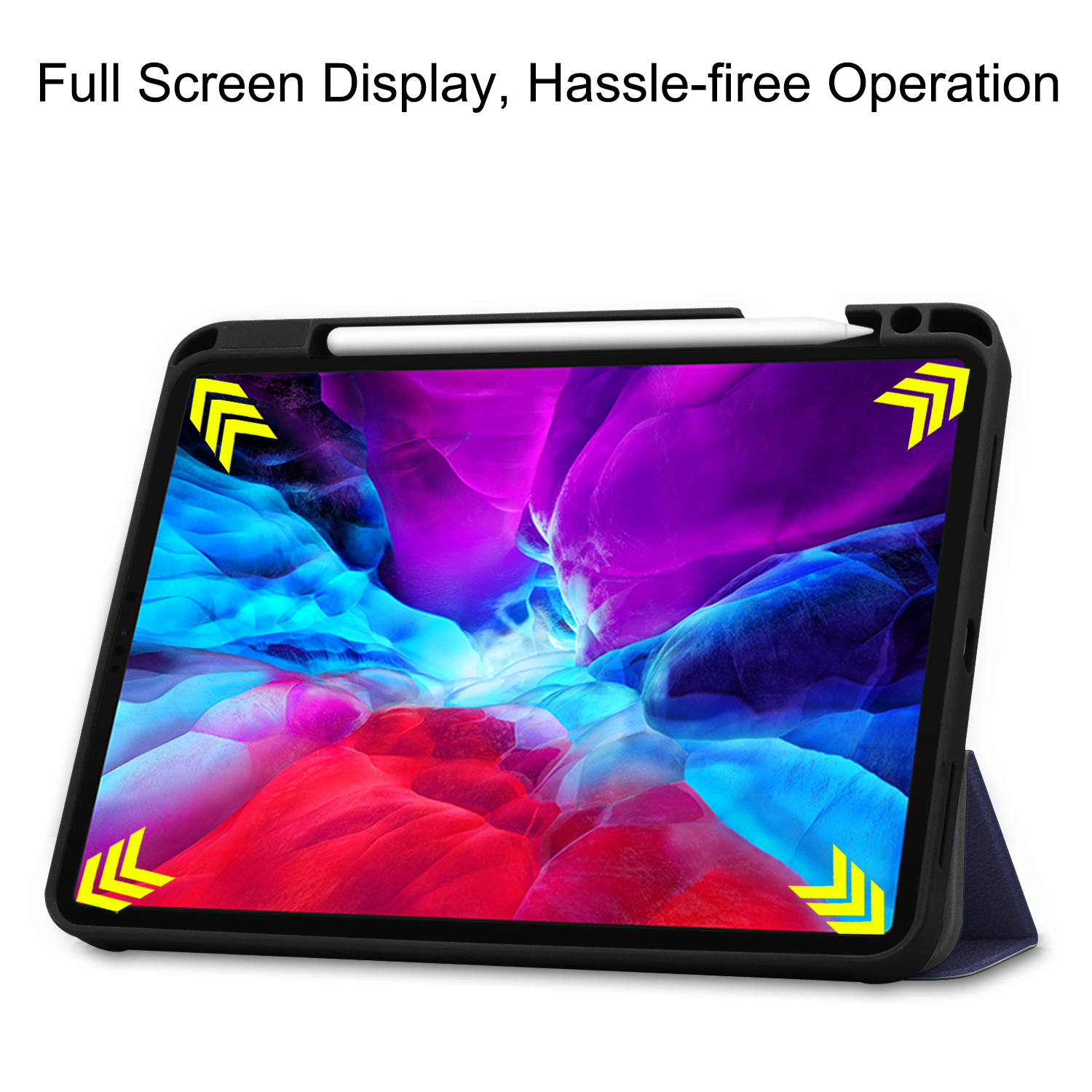 Tablet in Hülle mit Stift. Text: "Full Screen Display, Hassle-free Operation".