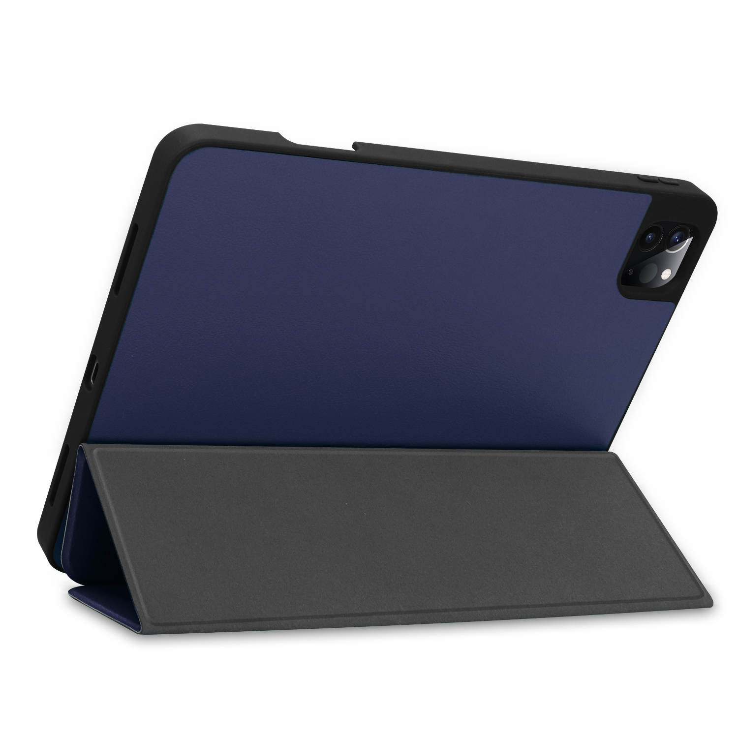 Tablet mit dunkelblauer Lederhülle geöffnet, schwarzer Innenrahmen, grauer Ständer.