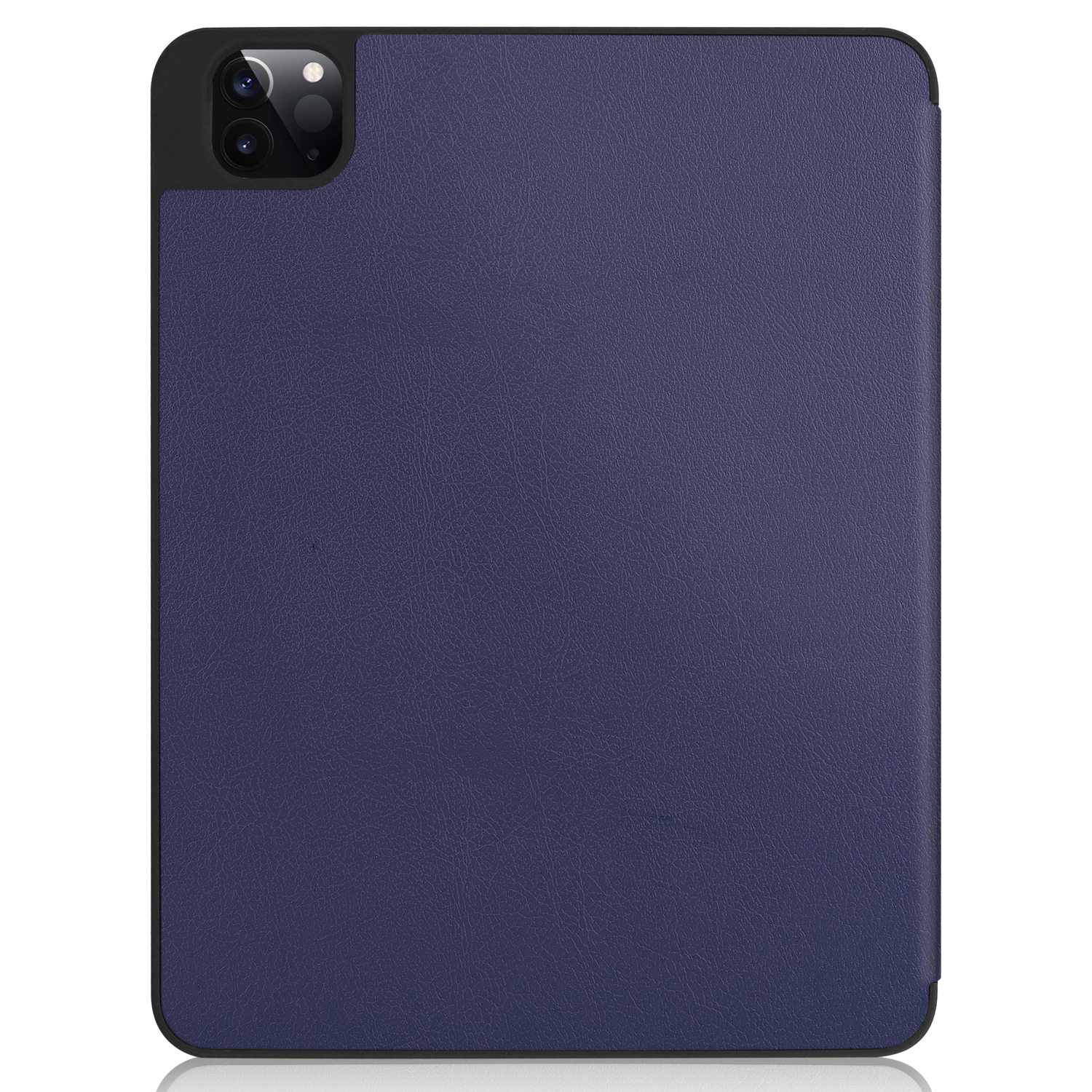 Eine dunkelblaue Tablethülle mit schwarzem Rahmen. Hat Kameras oben.