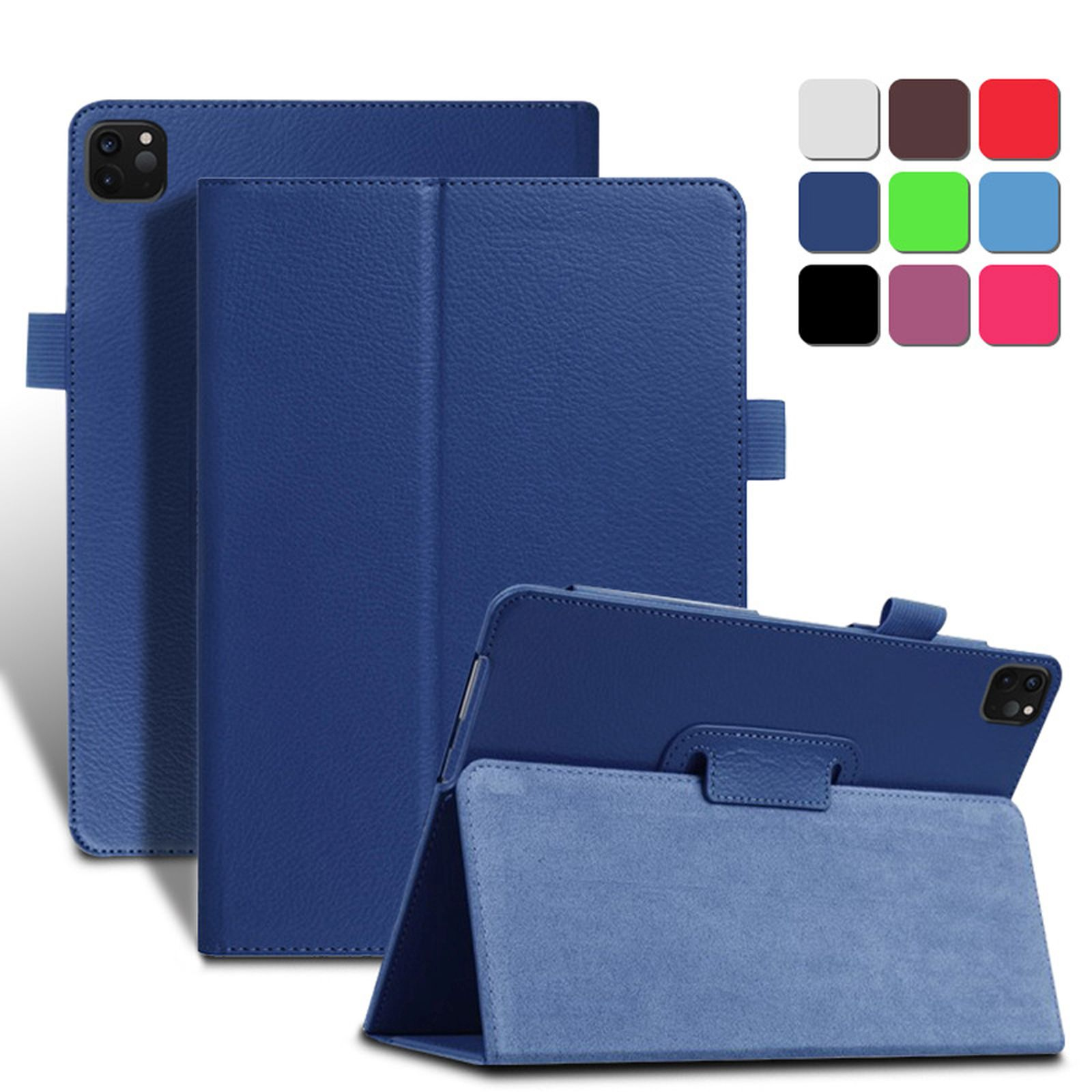 Blaue Tablet-Hülle mit mehreren Farboptionen und einem zurückgeklappten Design zur Ansicht.