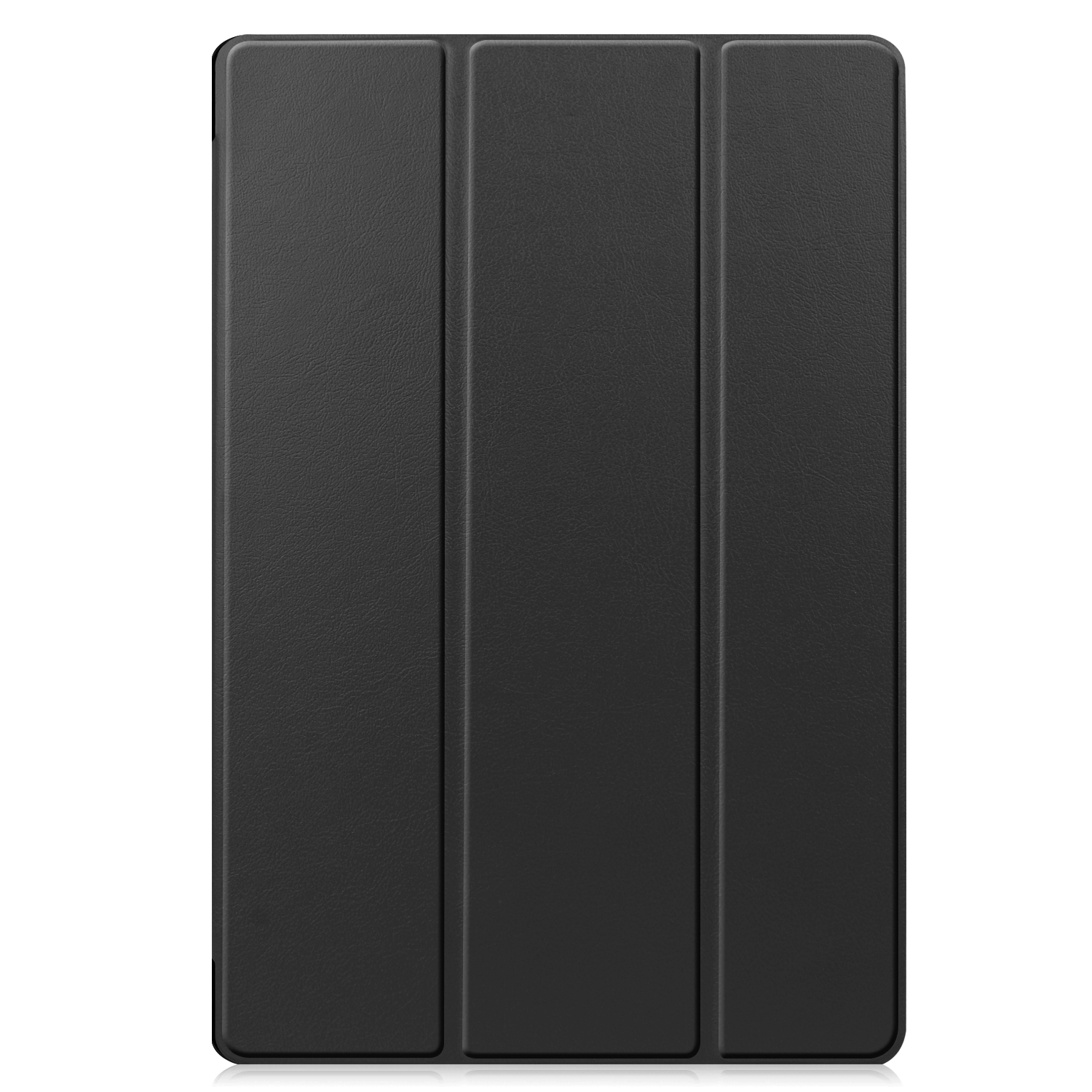 Custodia per tablet nera, design a tripla piega con superficie strutturata, riflettente la luce.