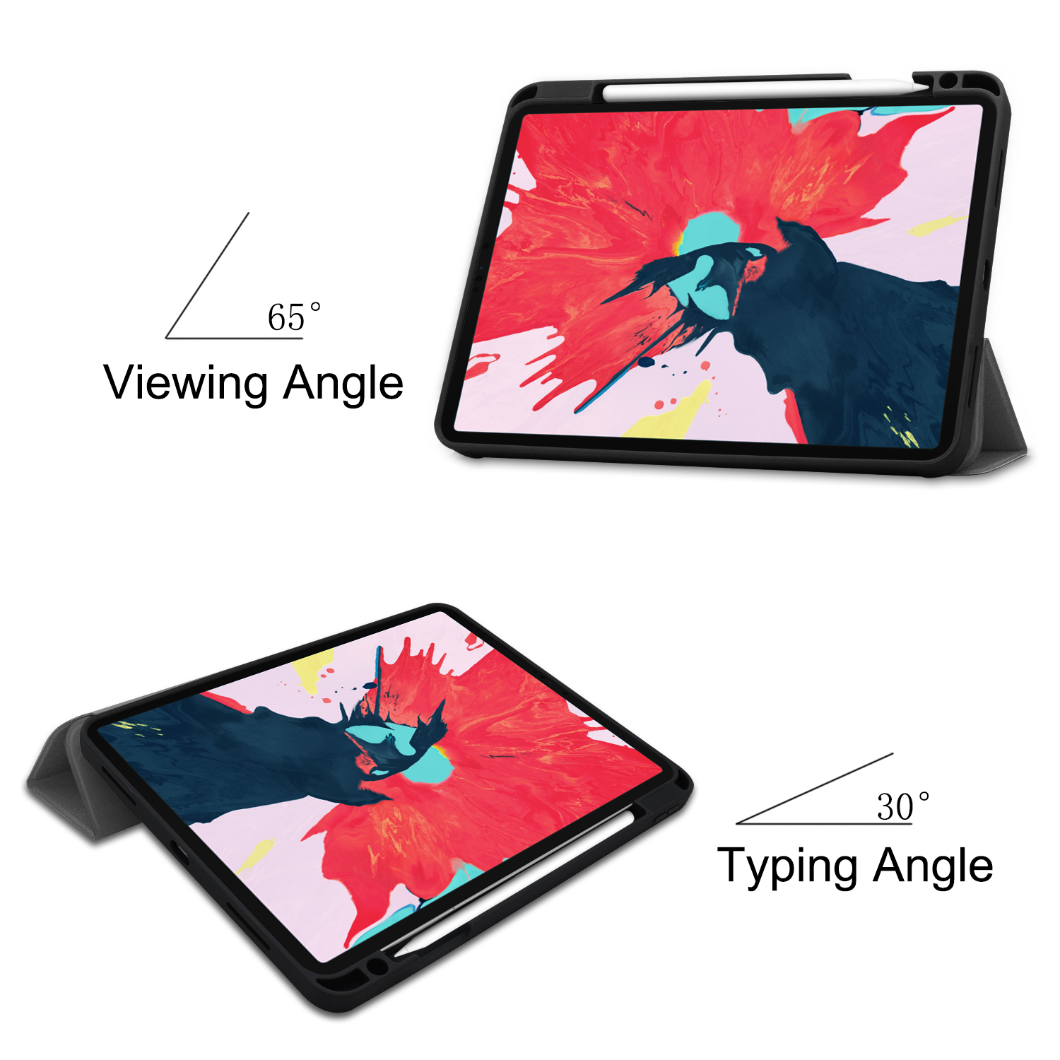 Tablets zeigen Betrachtungs- und Tippwinkel. Der Tablet-Bildschirm zeigt ein Blumenbild. Die Hülle ist schwarz.