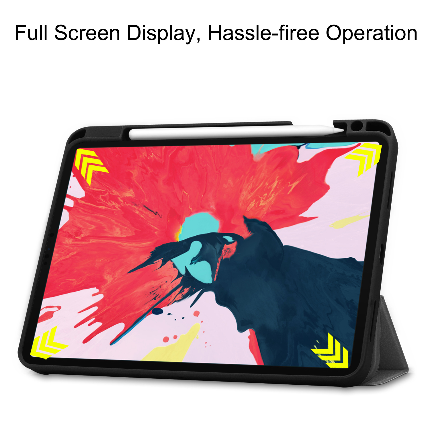 Tablet in Hülle mit Ständer. Display zeigt rotes und schwarzes abstraktes Design. Pfeile zeigen die Ecken.
