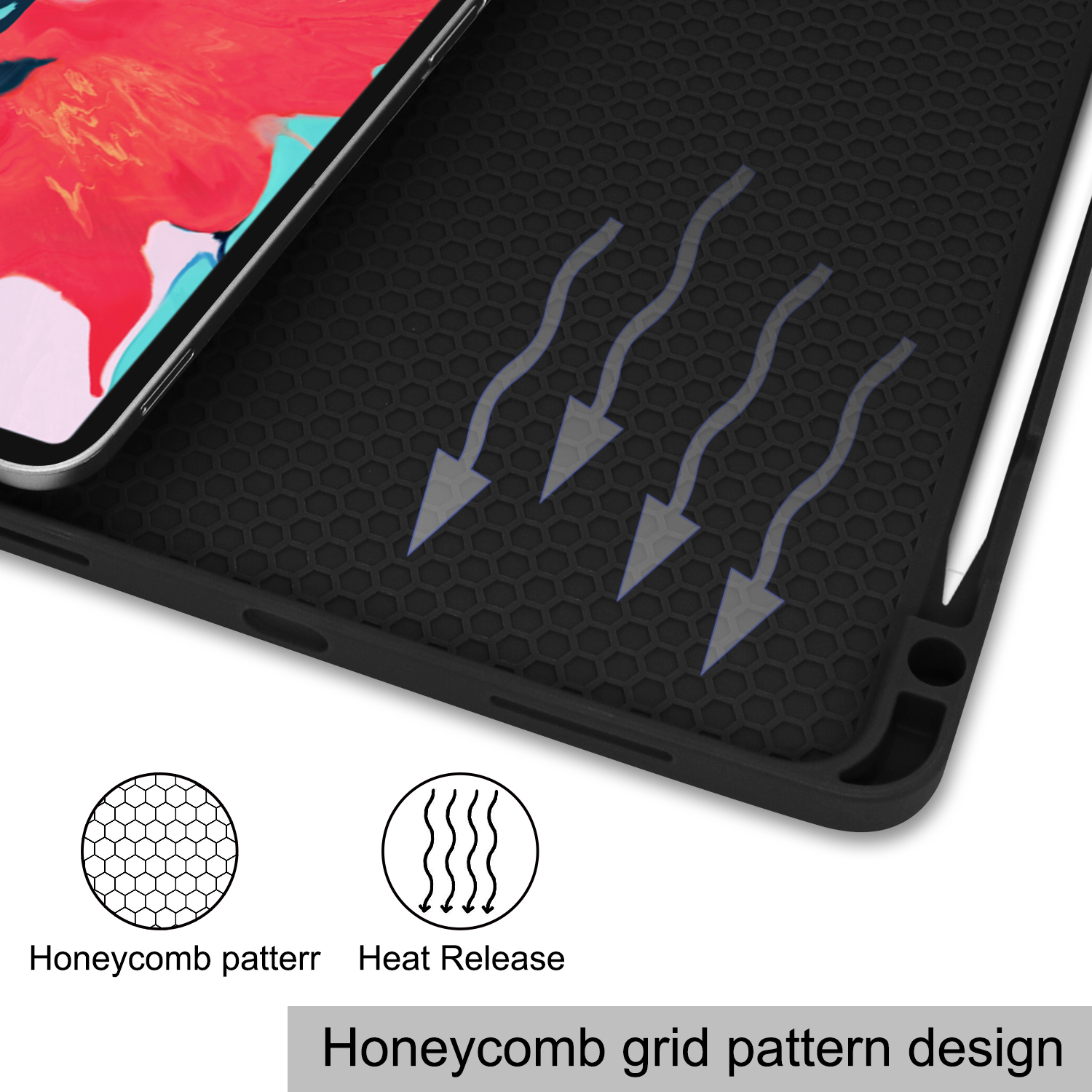 Nahaufnahme einer Tablet-Hülle mit Wabenmuster und Pfeilen, die auf das Wärmeableitungsdesign hinweisen.