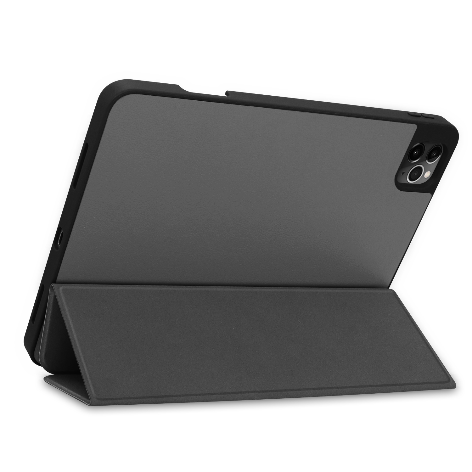 Ein Tablet in einer schwarzen Hülle, aufgestellt. Die Hülle befindet sich auf weißer Oberfläche.
