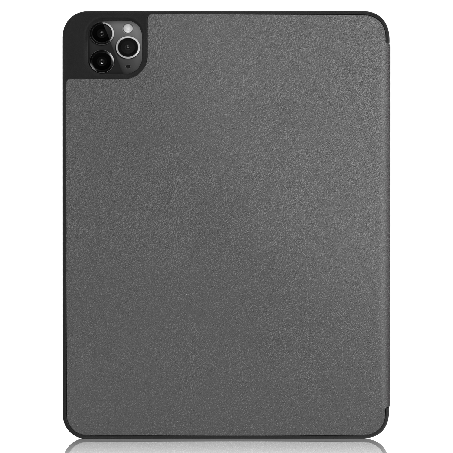 Dunkelgraue Tablethülle mit schwarzem Rahmen und Kamera oben.
