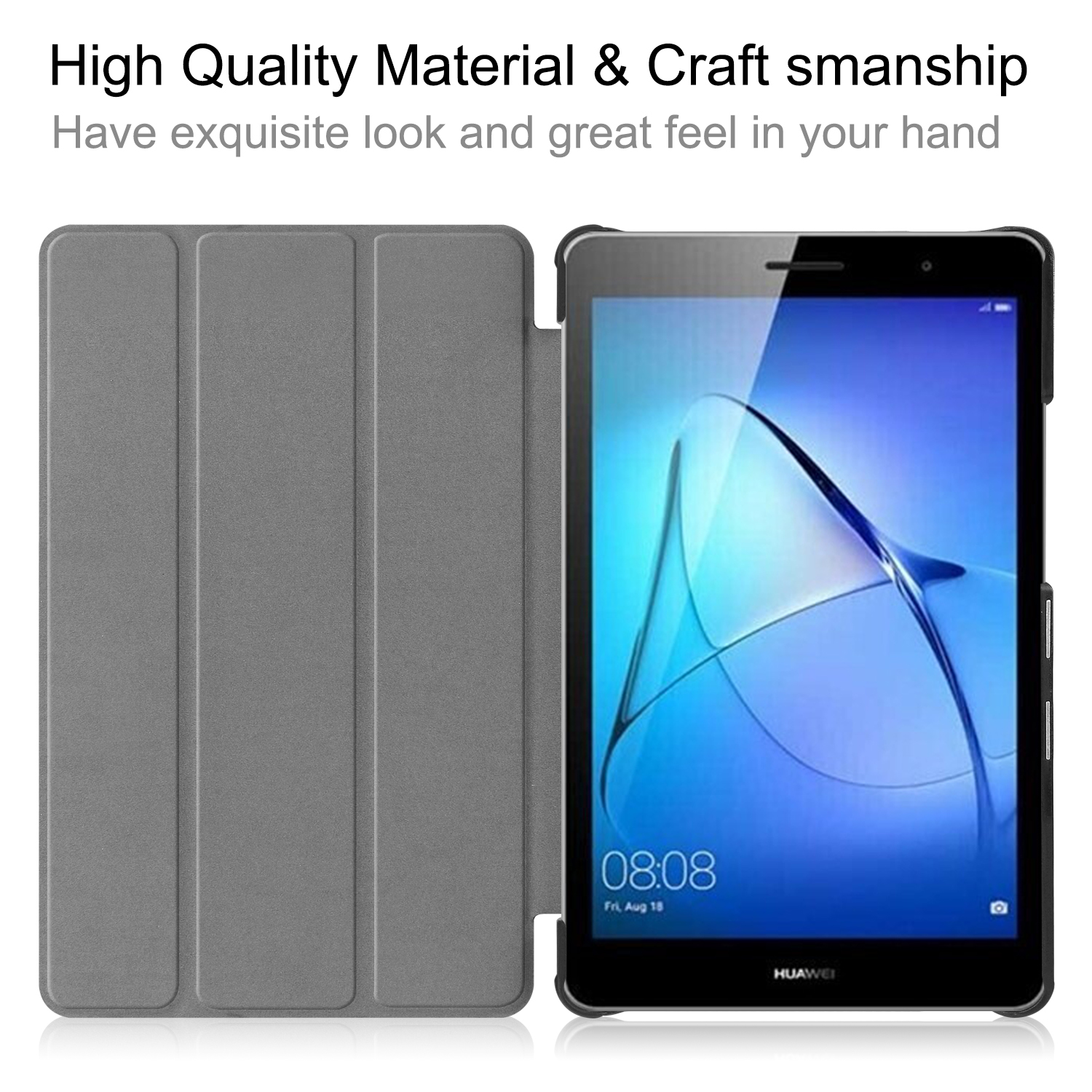 Tablet in grauem Gehäuse, geöffnet, um den Bildschirm zu zeigen. Graue Faltabdeckung links.