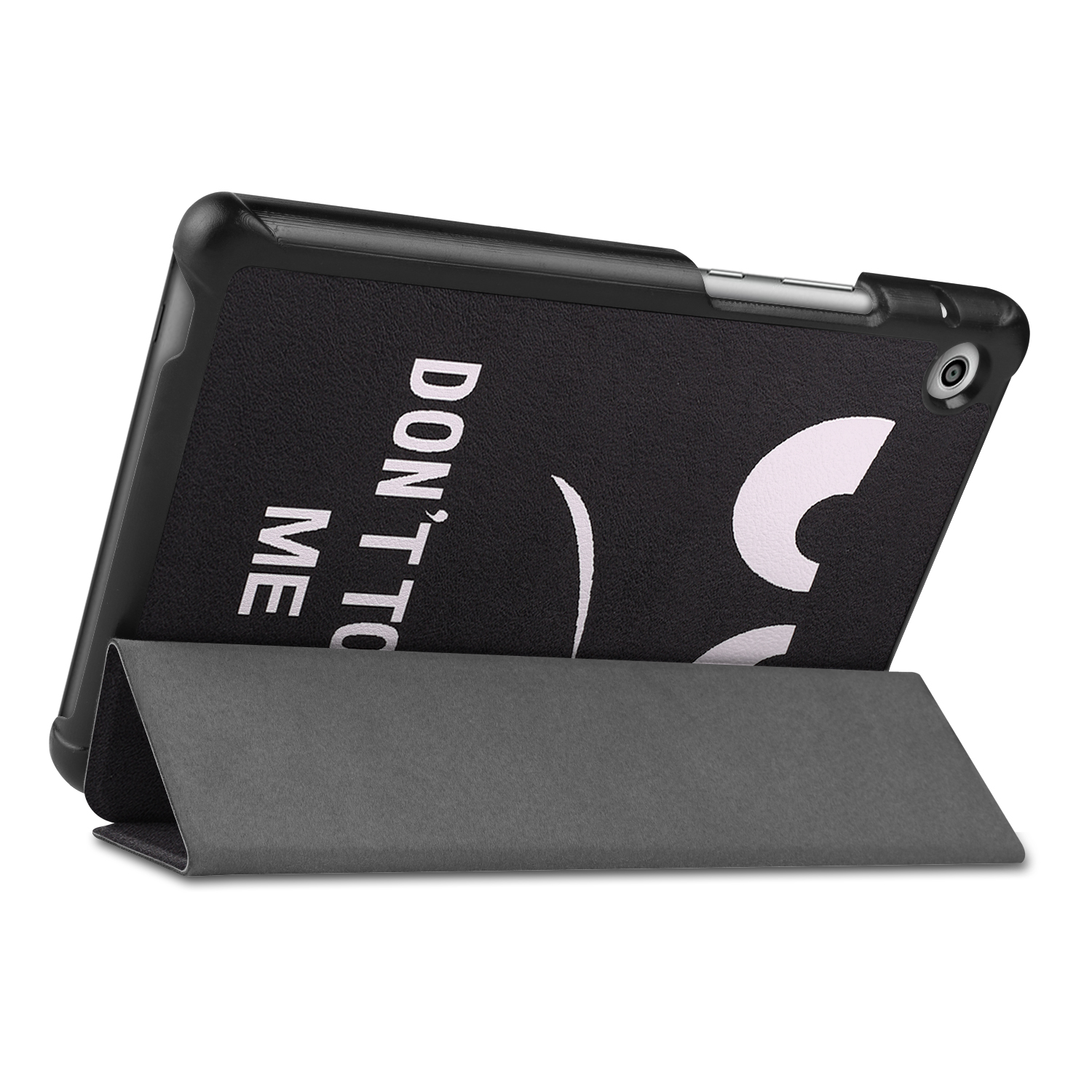Eine schwarze Tablet-Hülle mit einem Ständer. Auf der Rückseite stehen die Worte 'DON'T TOUCH ME' und ein Smiley-Gesicht.