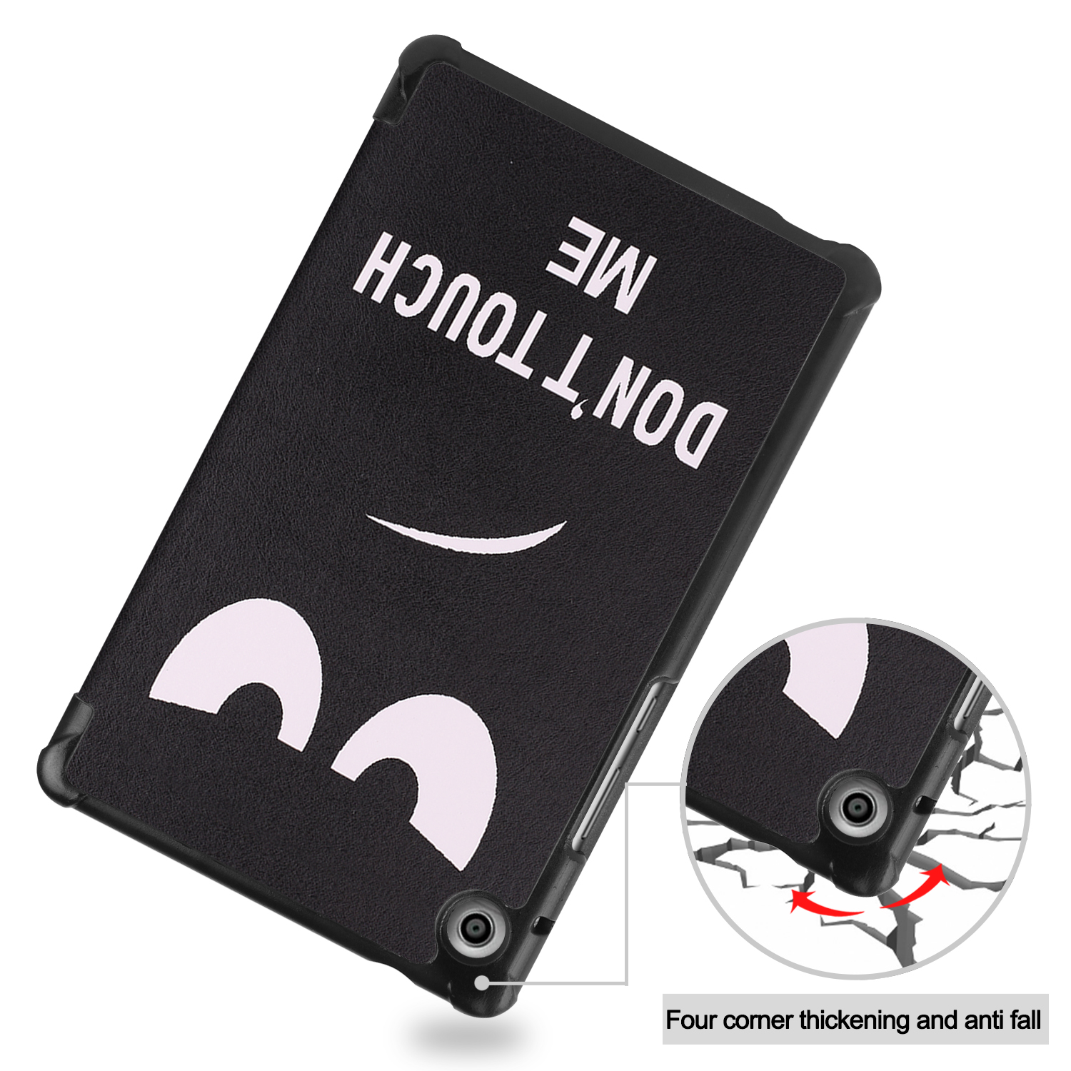 Schwarze Tablet-Hülle mit Gesichtsdesign. Der Text lautet 'DON'T TOUCH ME' mit einem Smiley-Gesicht.