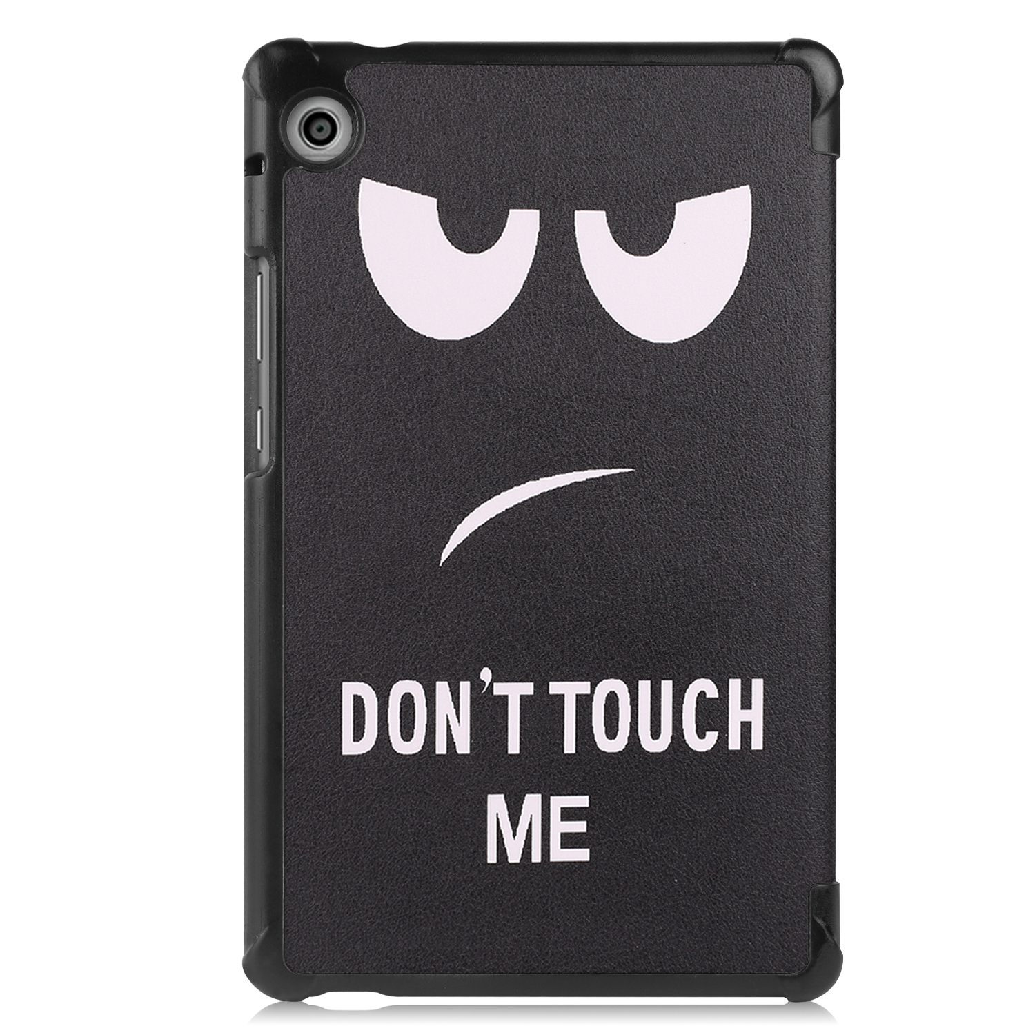 Schwarze Tablet-Hülle mit einem Gesicht, das "DON'T TOUCH ME" sagt.
