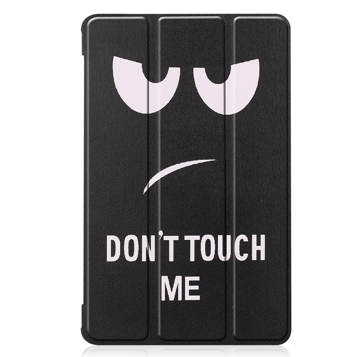 Schwarze Tablethülle mit weißem Gesicht und der Aufschrift "DON'T TOUCH ME". Schwarzer Hintergrund.
